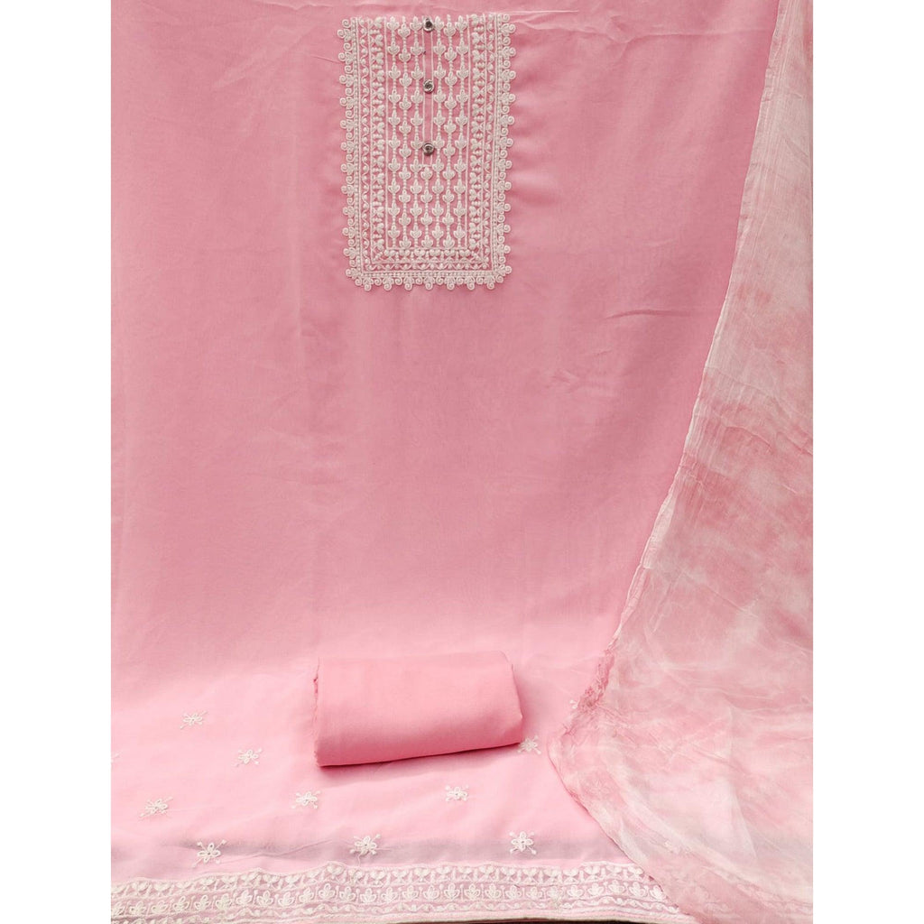 Pink Floral Embroidered Georgette Dress Material