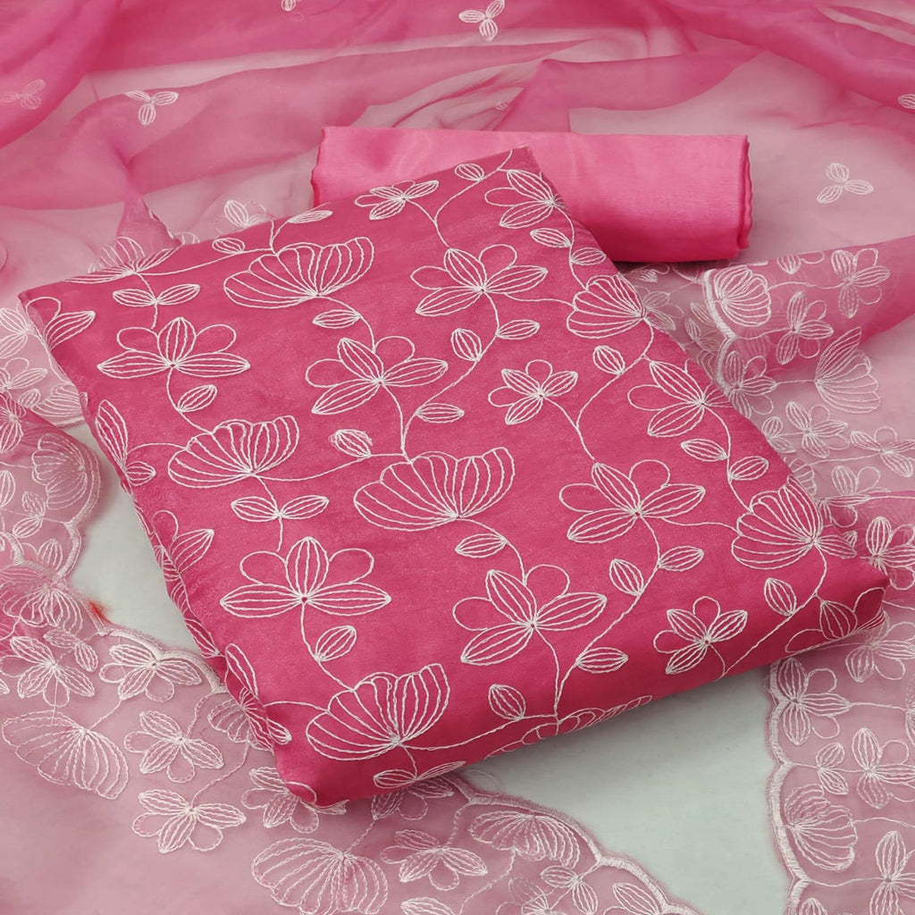 Pink Floral Embroidered Organza Dress Material