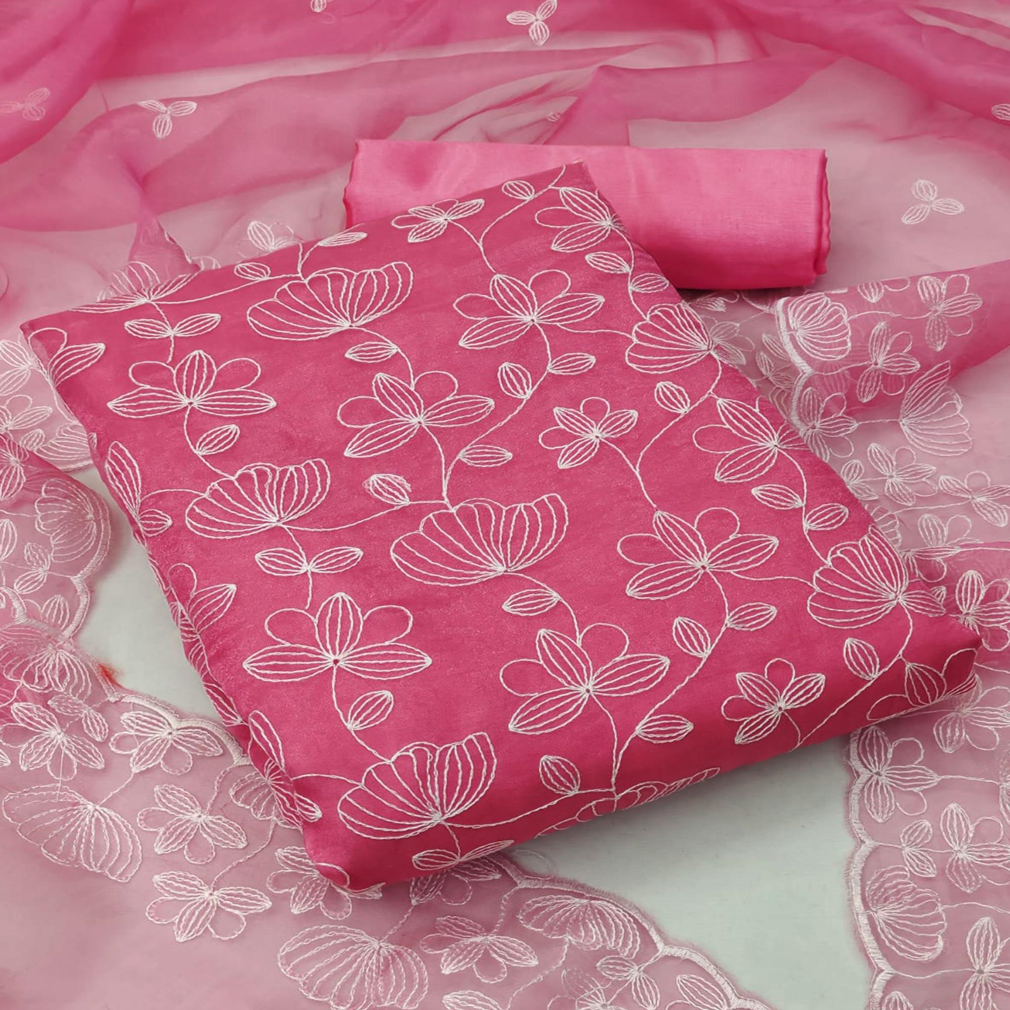 Pink Floral Embroidered Organza Dress Material