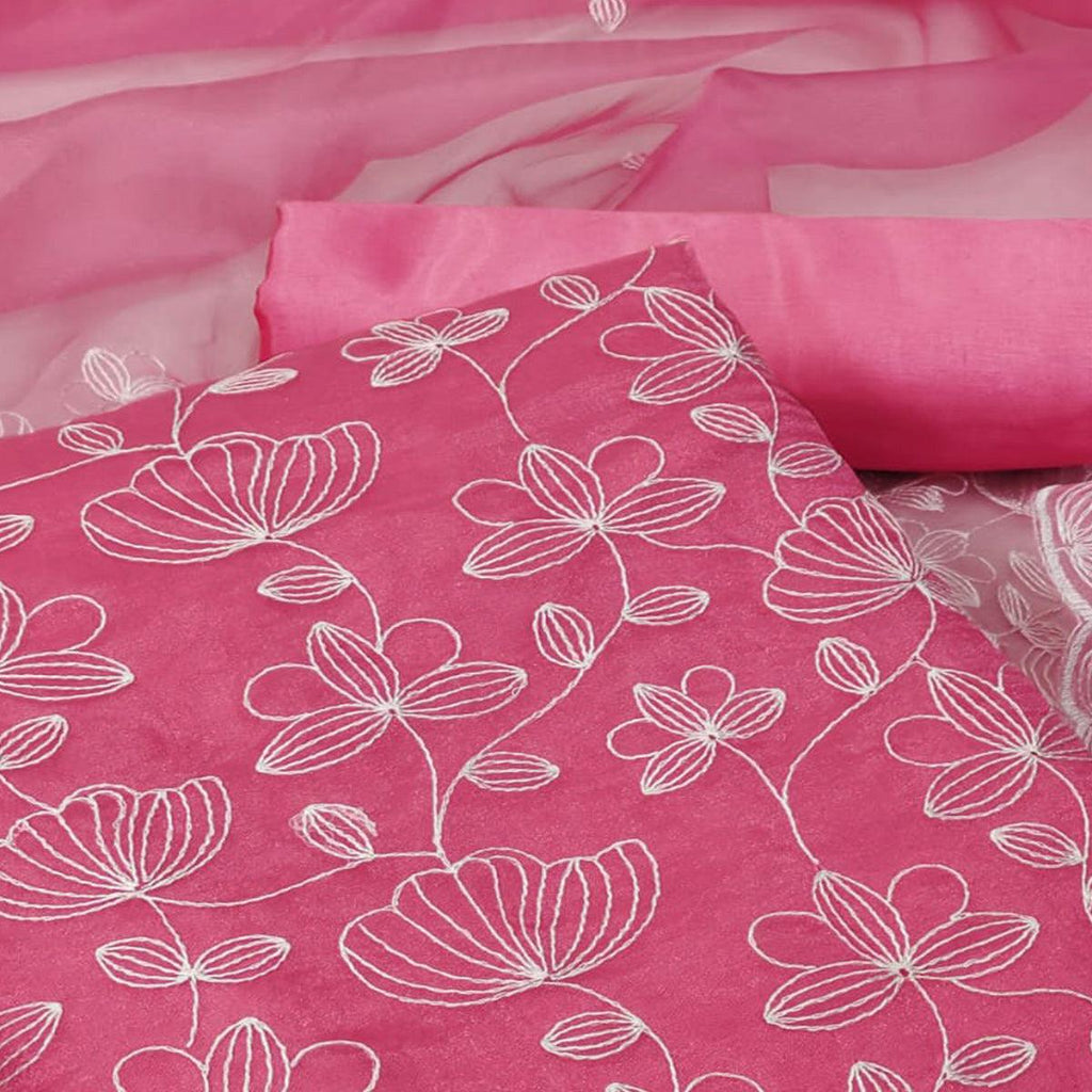 Pink Floral Embroidered Organza Dress Material