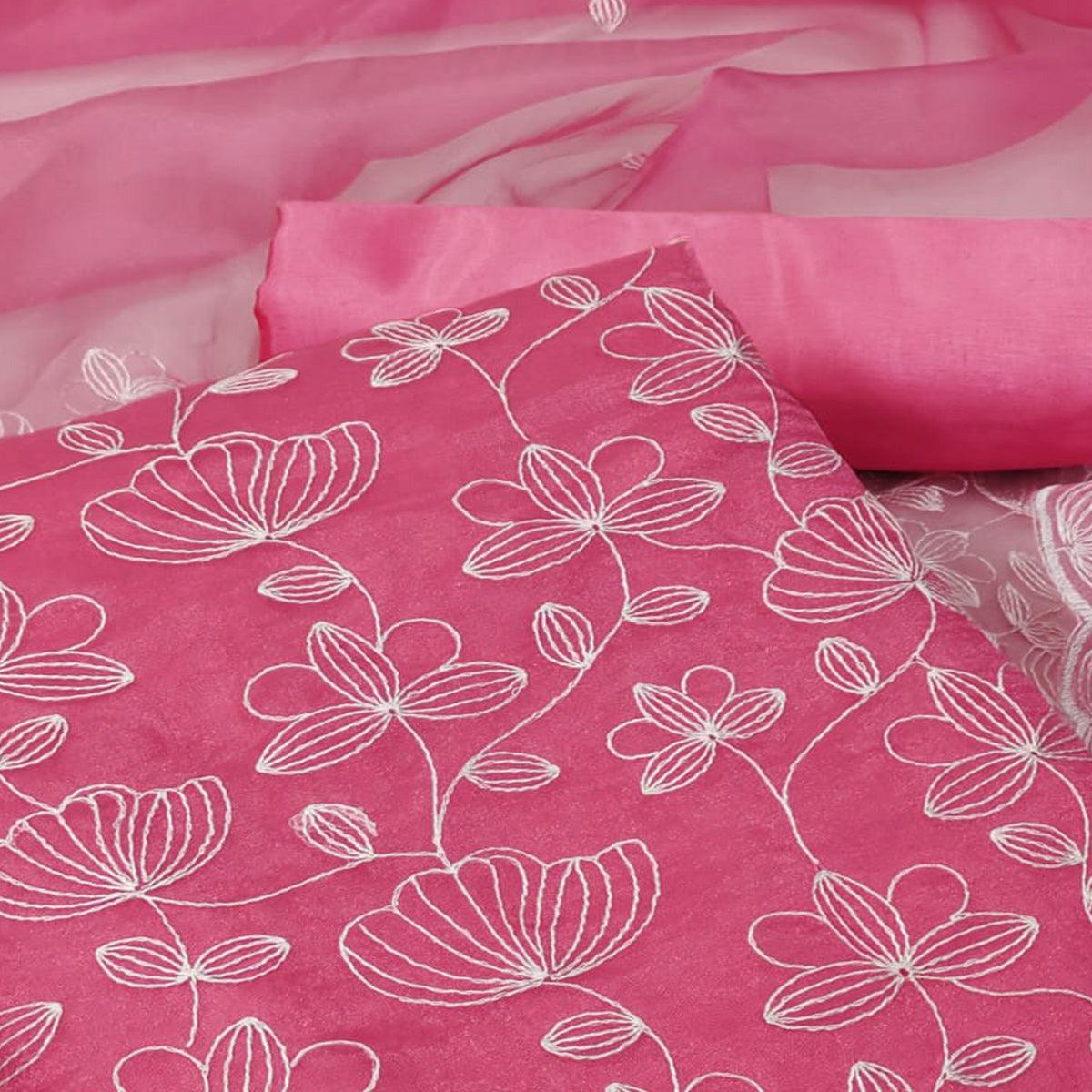 Pink Floral Embroidered Organza Dress Material