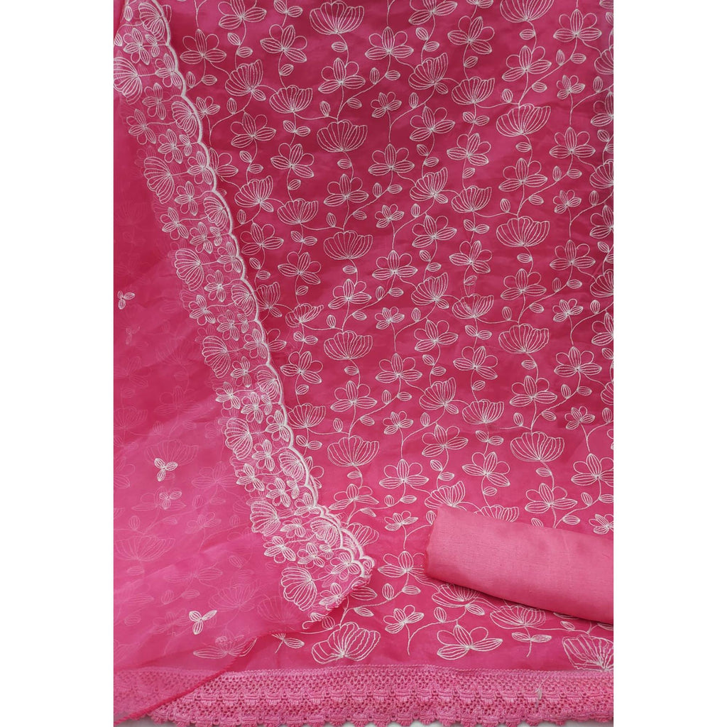 Pink Floral Embroidered Organza Dress Material