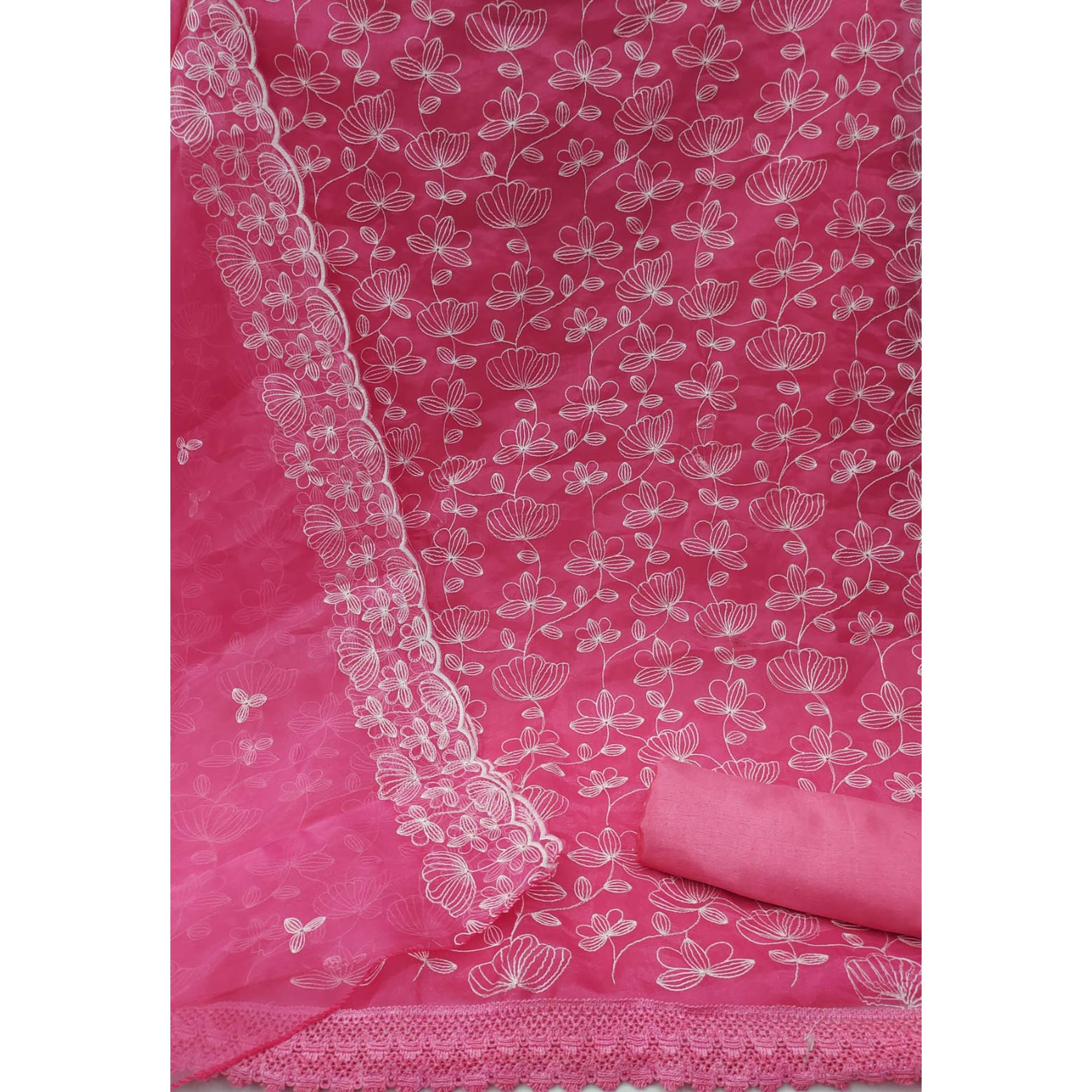 Pink Floral Embroidered Organza Dress Material