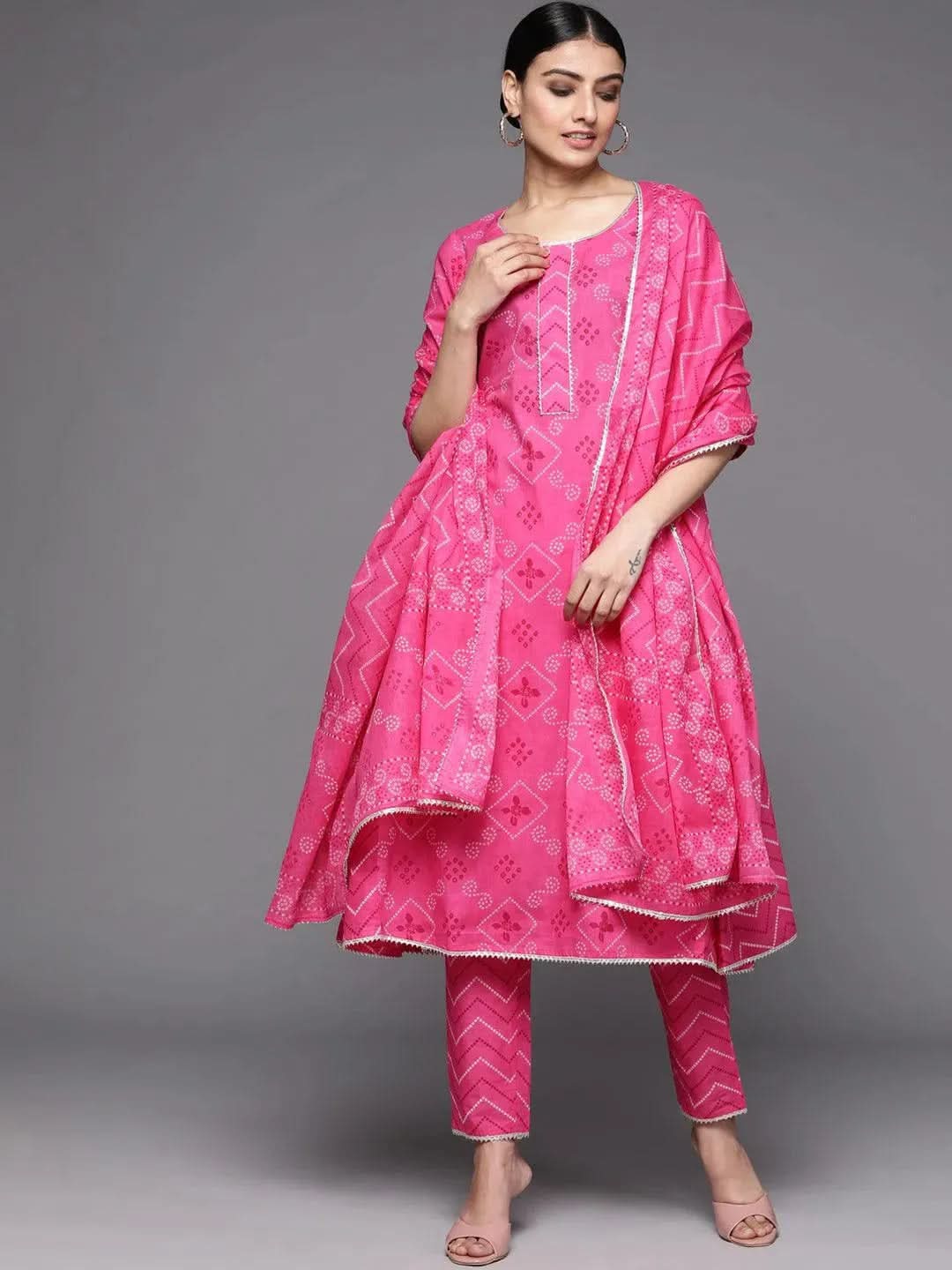 Pink Printed Cotton A-Line Kurta With Dupatta