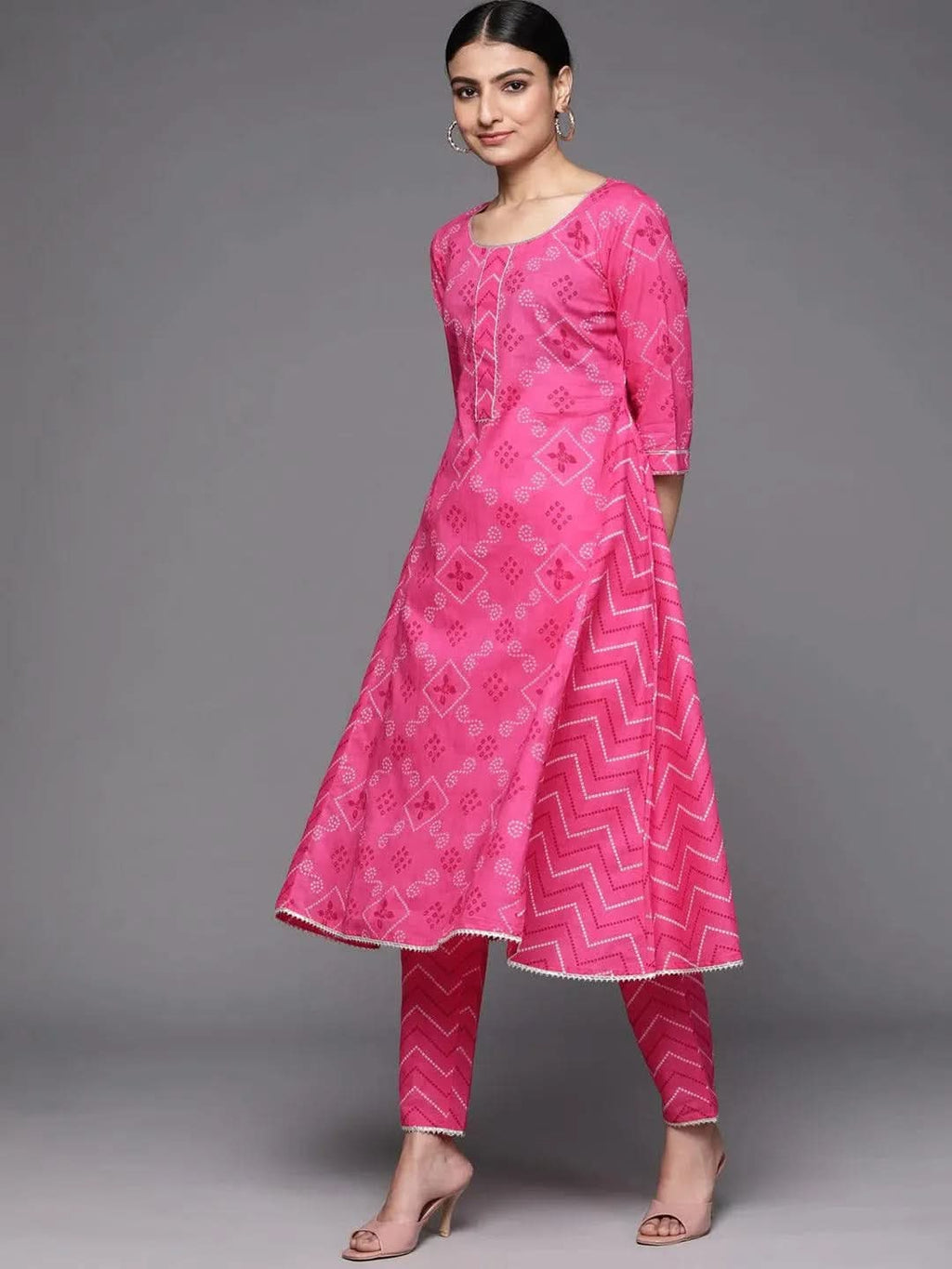 Pink Printed Cotton A-Line Kurta With Dupatta