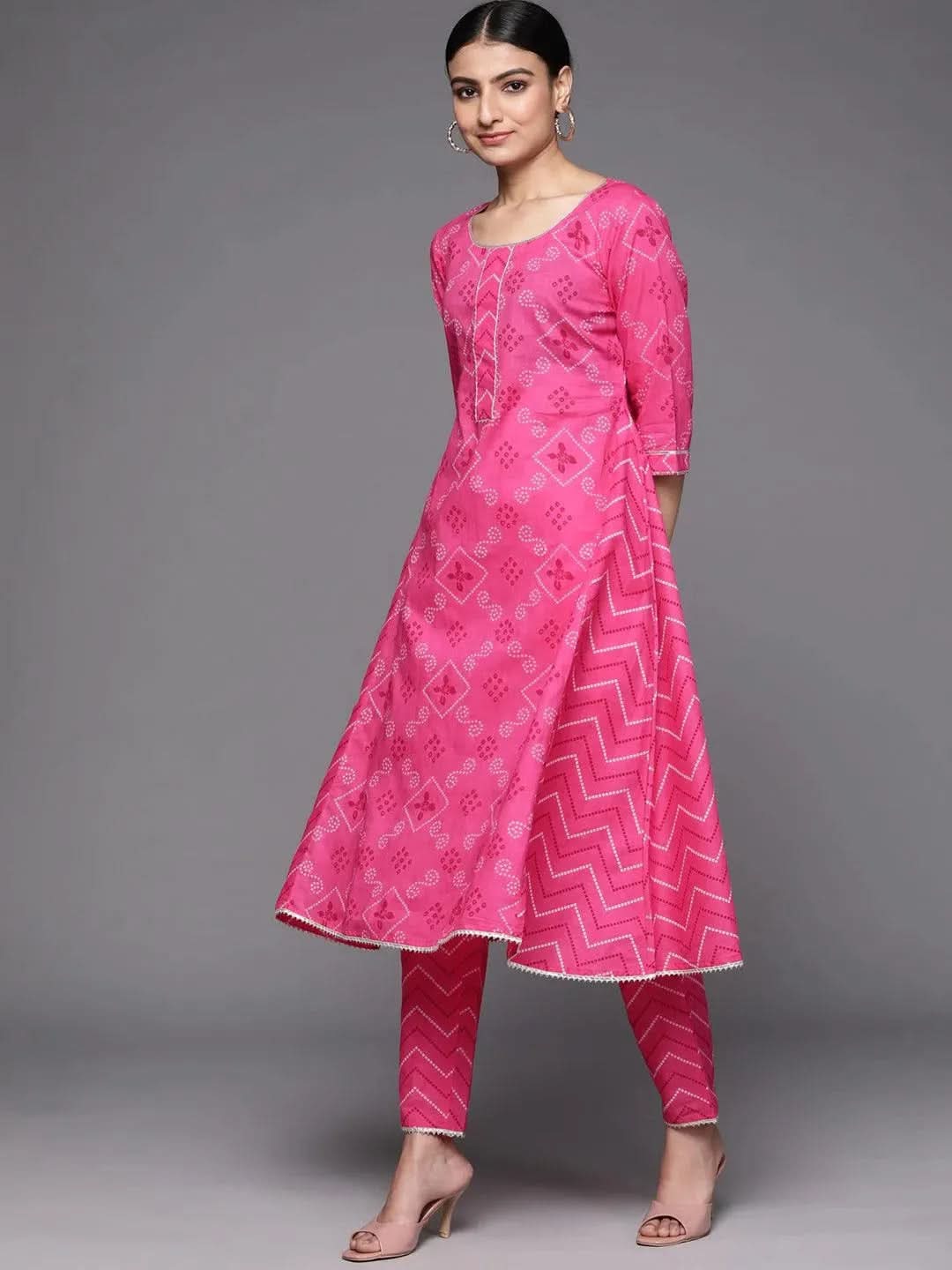 Pink Printed Cotton A-Line Kurta With Dupatta