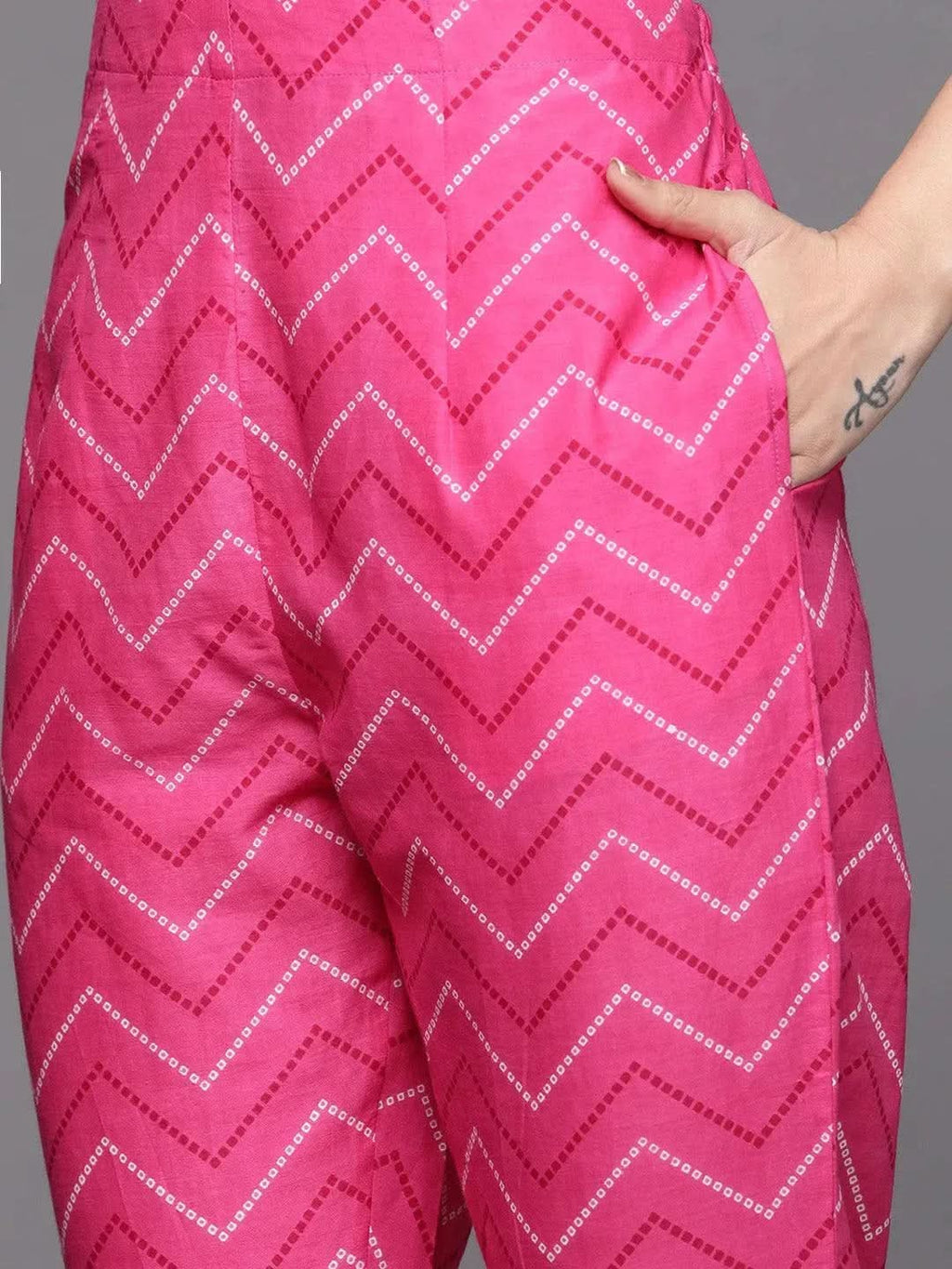 Pink Printed Cotton A-Line Kurta With Dupatta