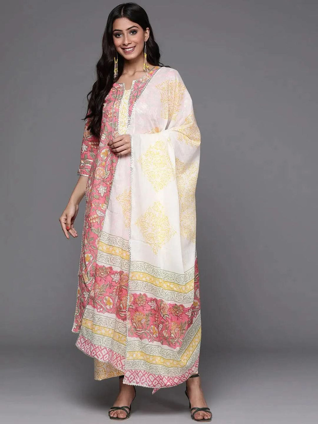 Pink Printed Cotton Straight Kurta With Palazzos & Dupatta