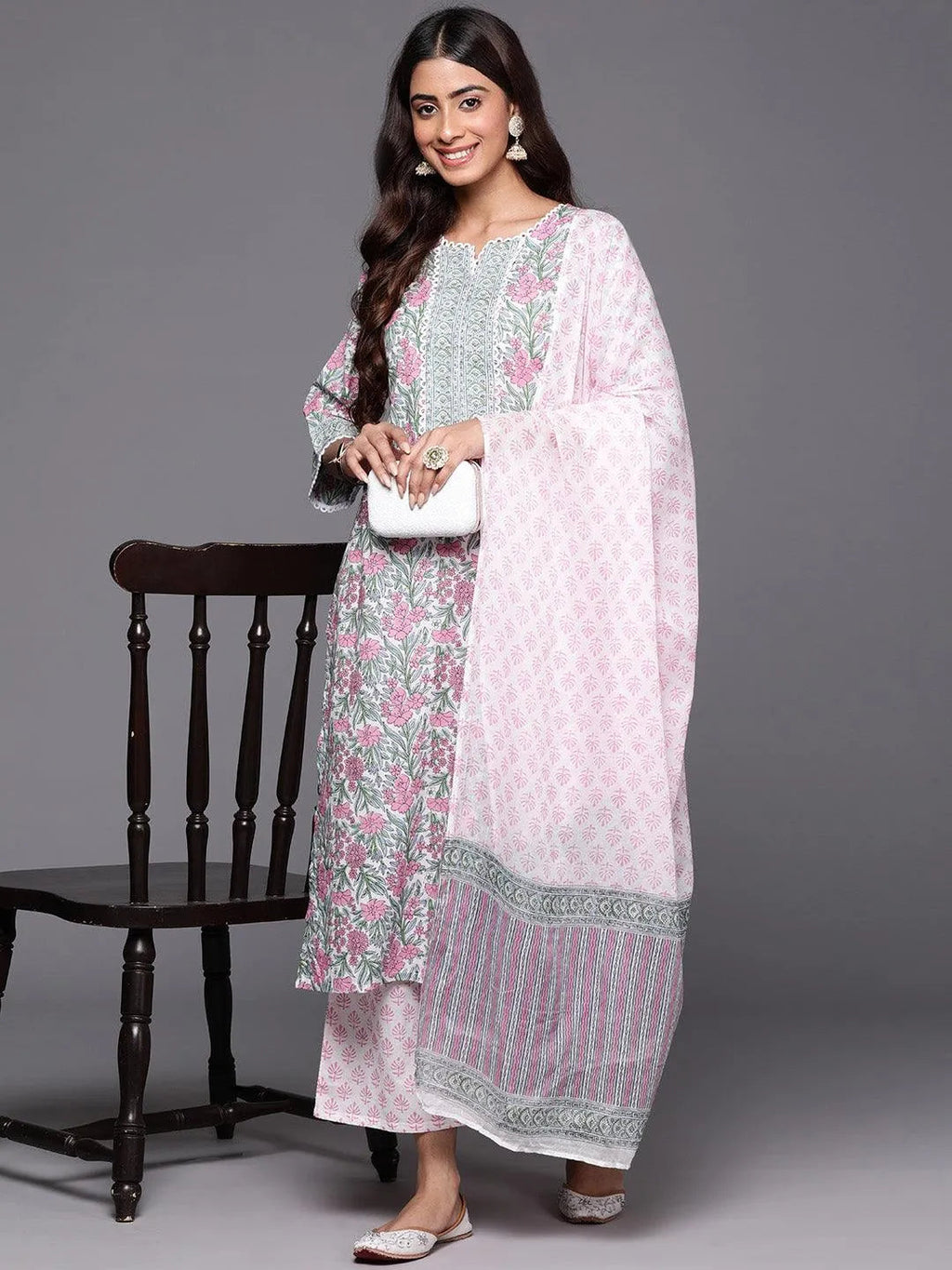 Pink Printed Cotton Straight Suit With Dupatta