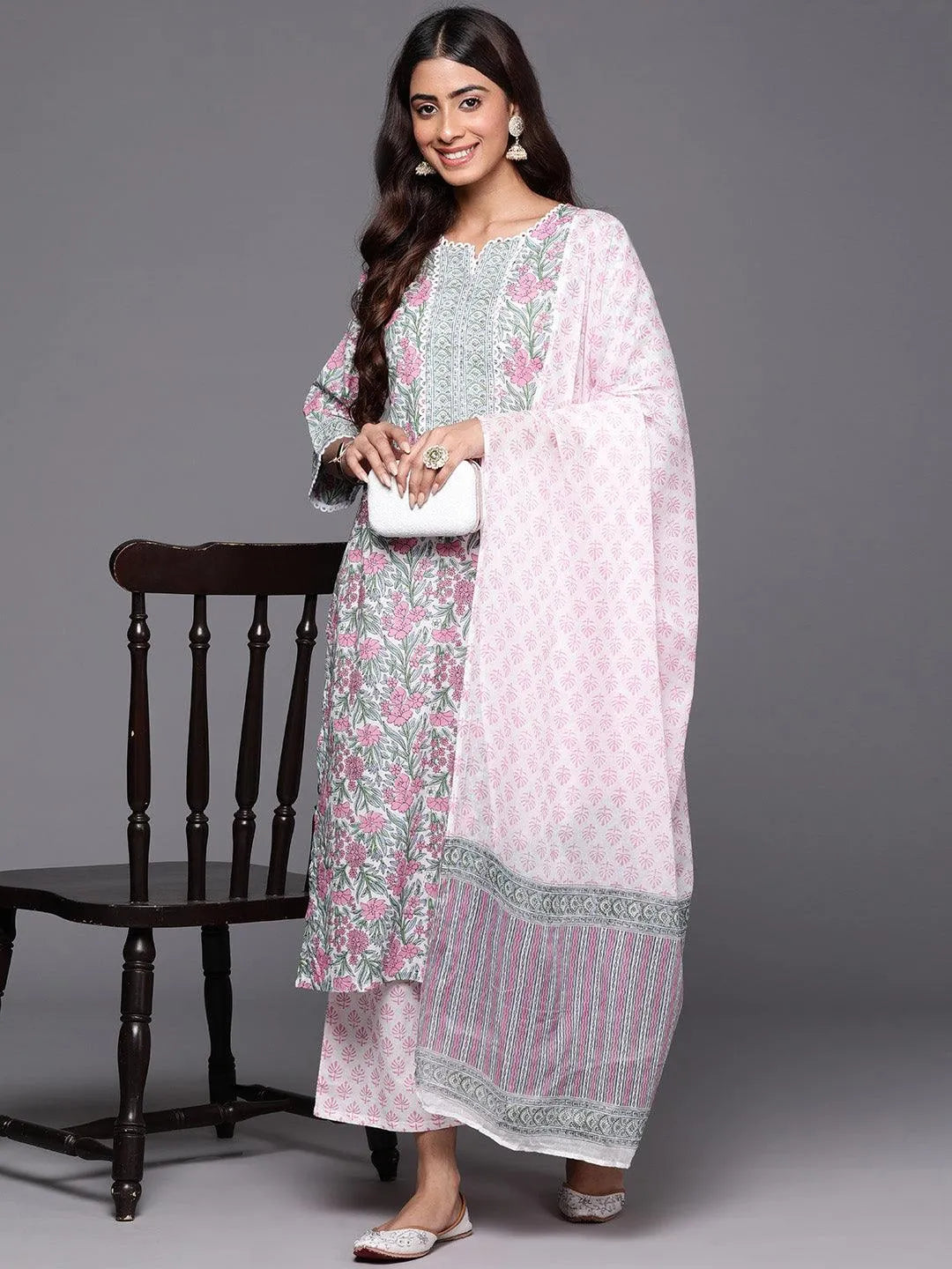 Pink Printed Cotton Straight Suit With Dupatta