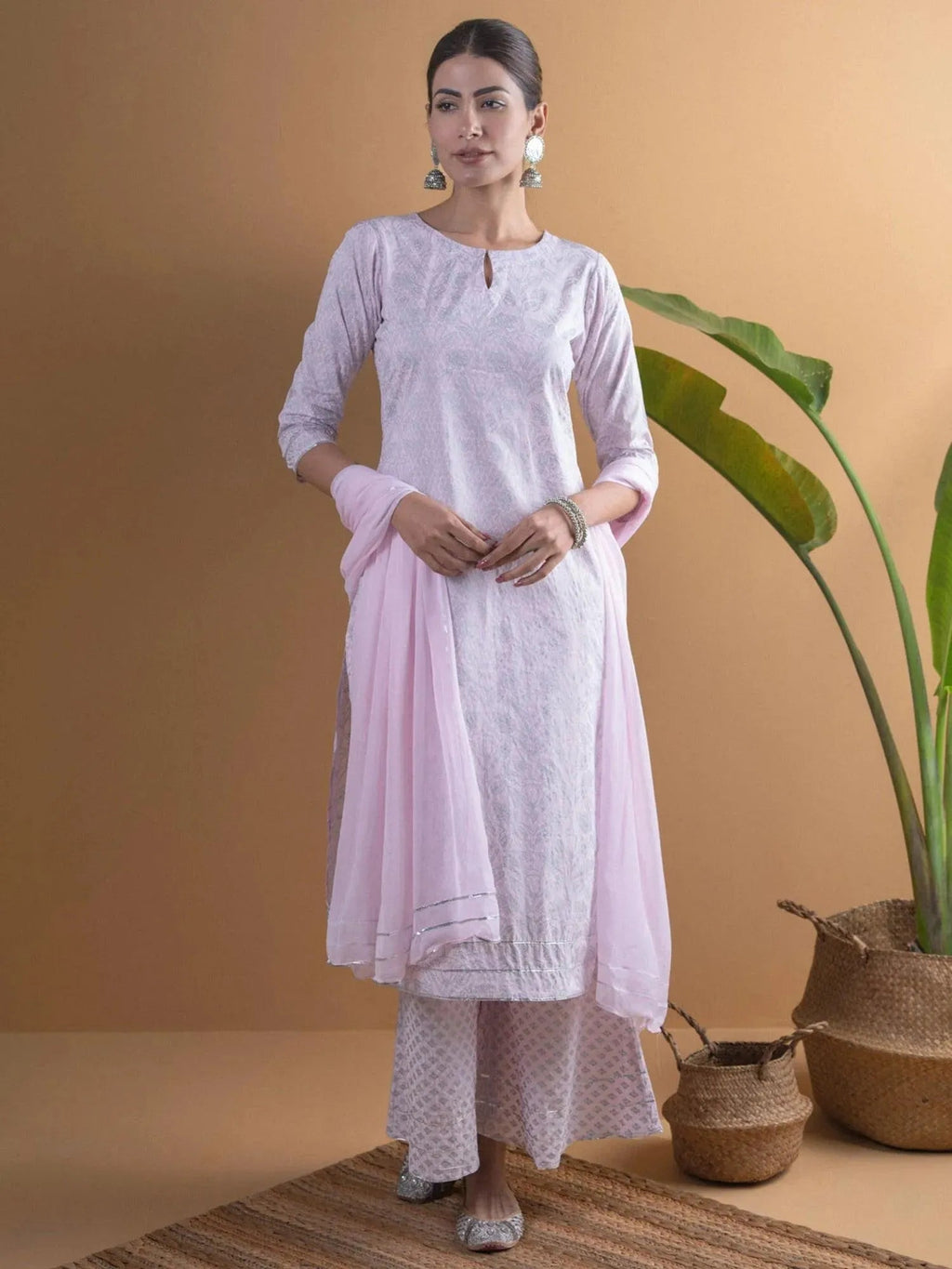 Pink Printed Viscose Rayon Straight Kurta With Palazzos & Dupatta