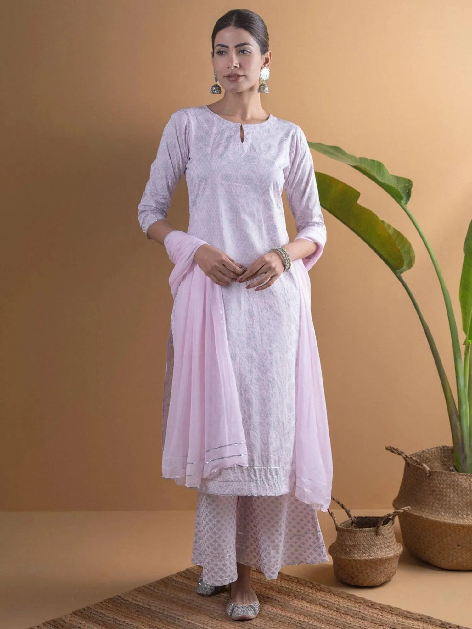 Pink Printed Viscose Rayon Straight Kurta With Palazzos & Dupatta