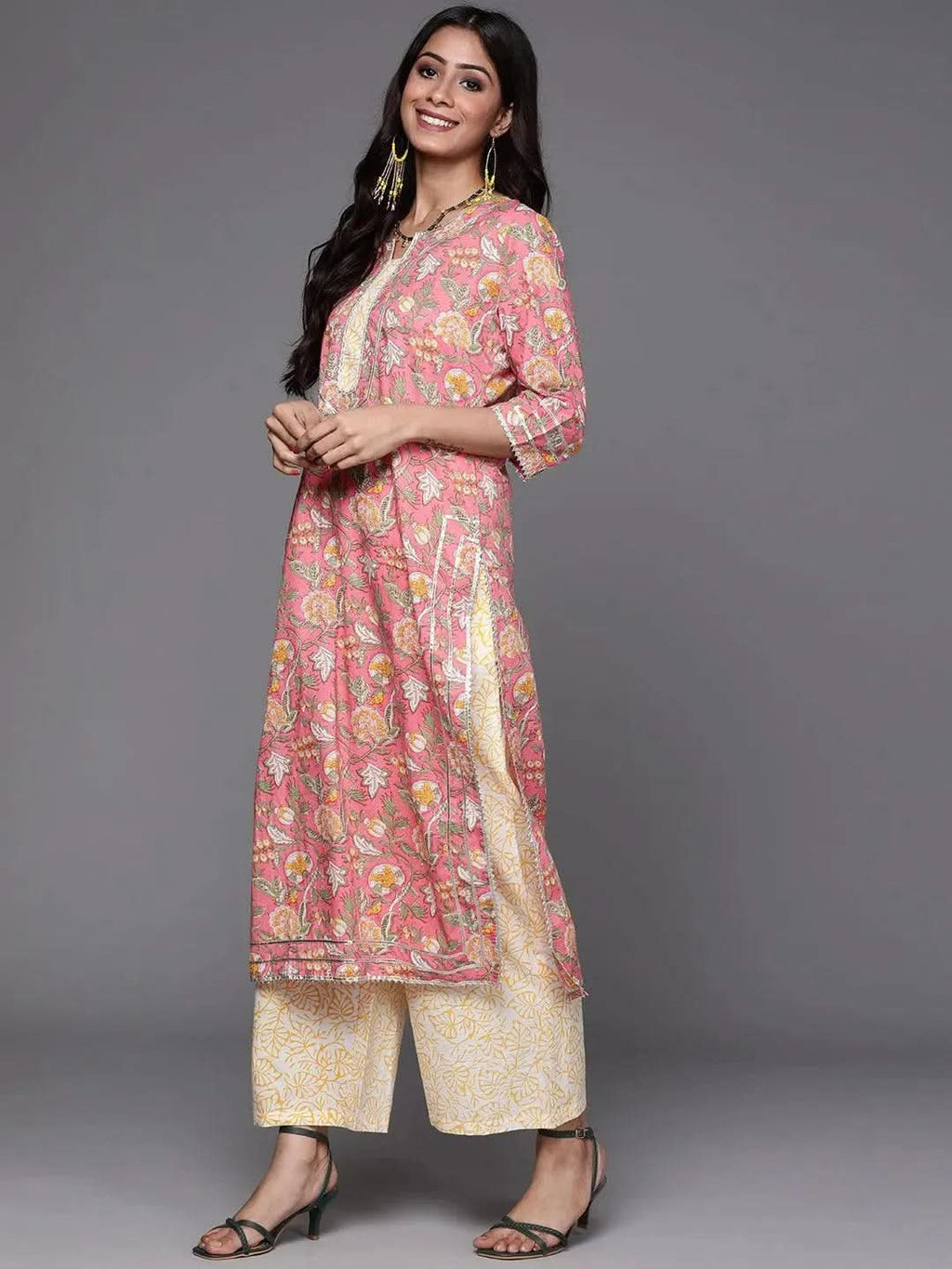 Pink Printed Cotton Straight Kurta With Palazzos & Dupatta