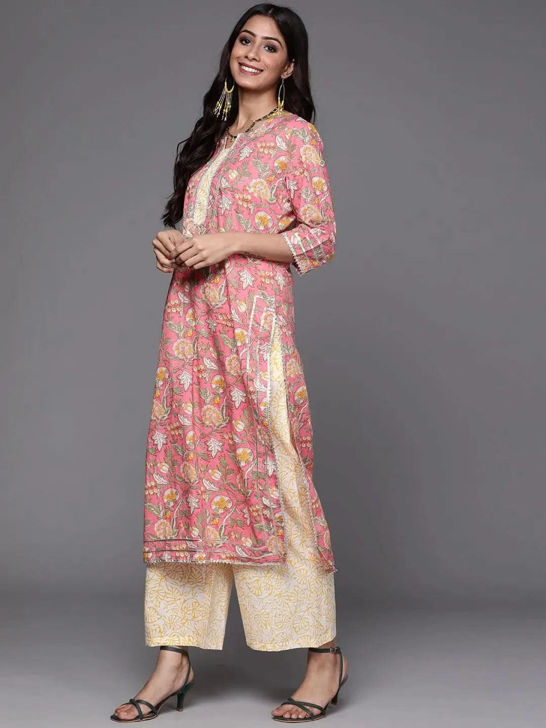 Pink Printed Cotton Straight Kurta With Palazzos & Dupatta