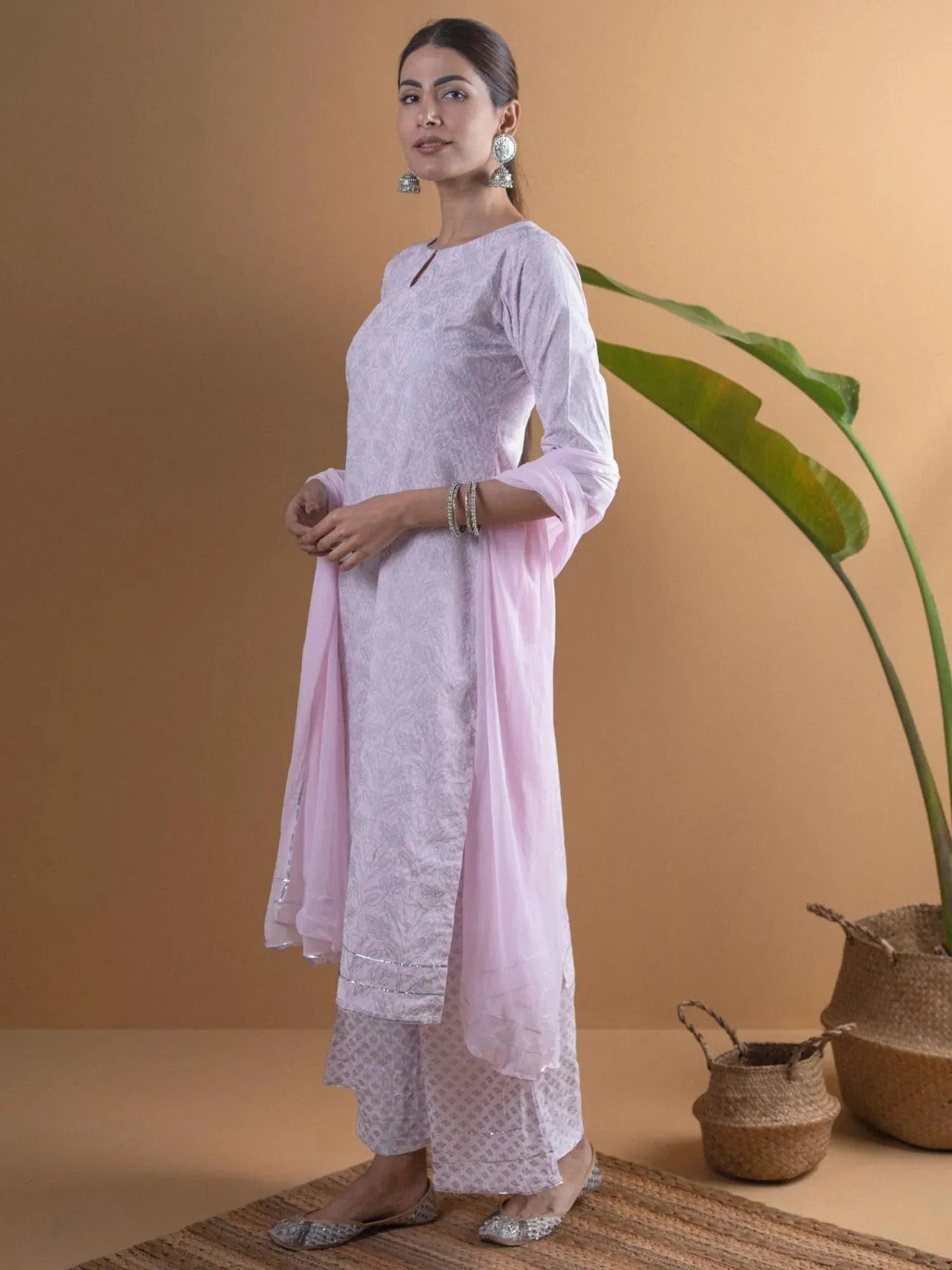 Pink Printed Viscose Rayon Straight Kurta With Palazzos & Dupatta