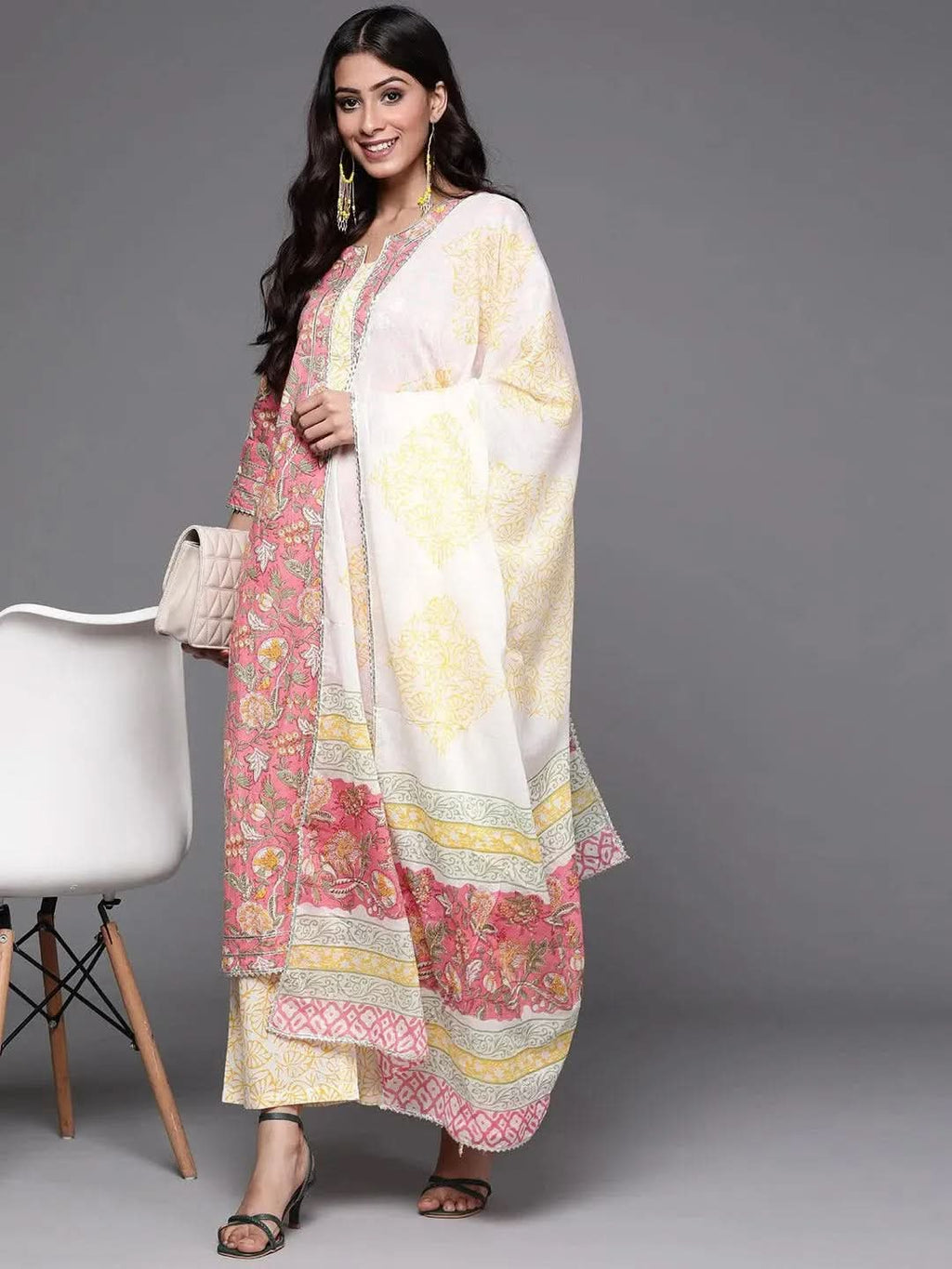 Pink Printed Cotton Straight Kurta With Palazzos & Dupatta