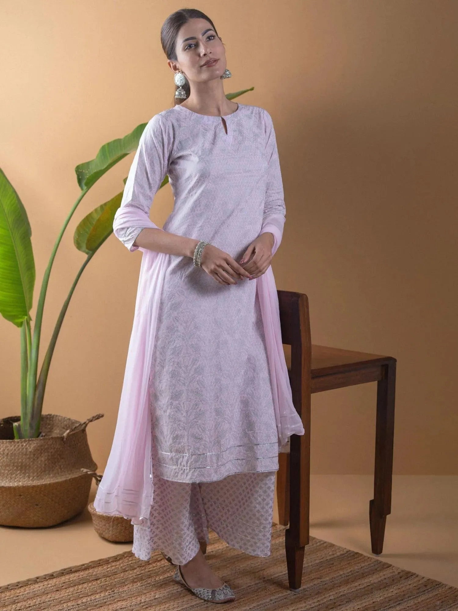 Pink Printed Viscose Rayon Straight Kurta With Palazzos & Dupatta