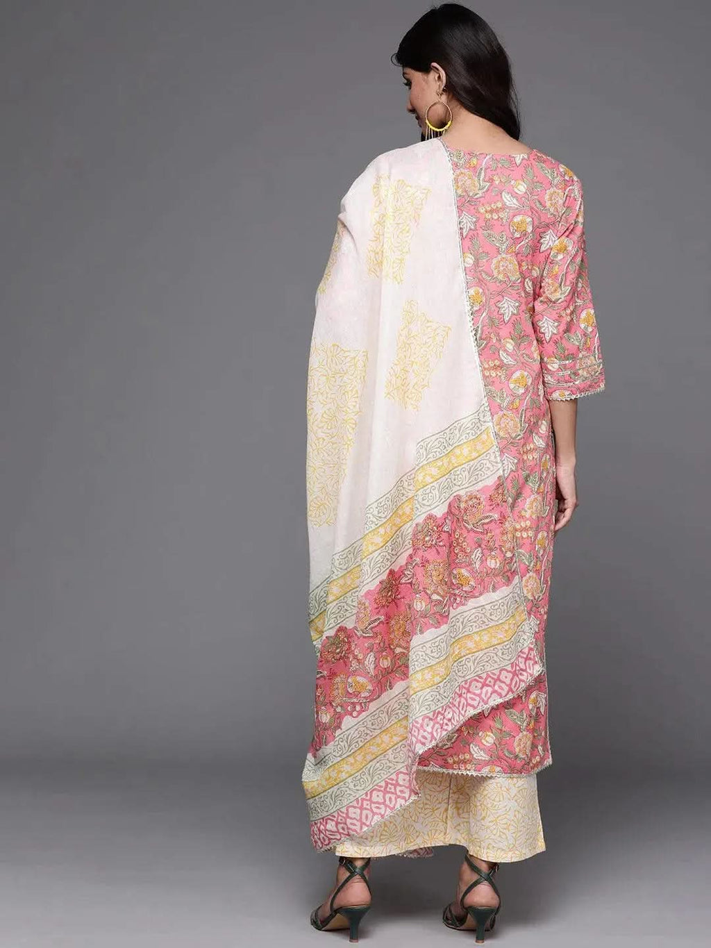 Pink Printed Cotton Straight Kurta With Palazzos & Dupatta