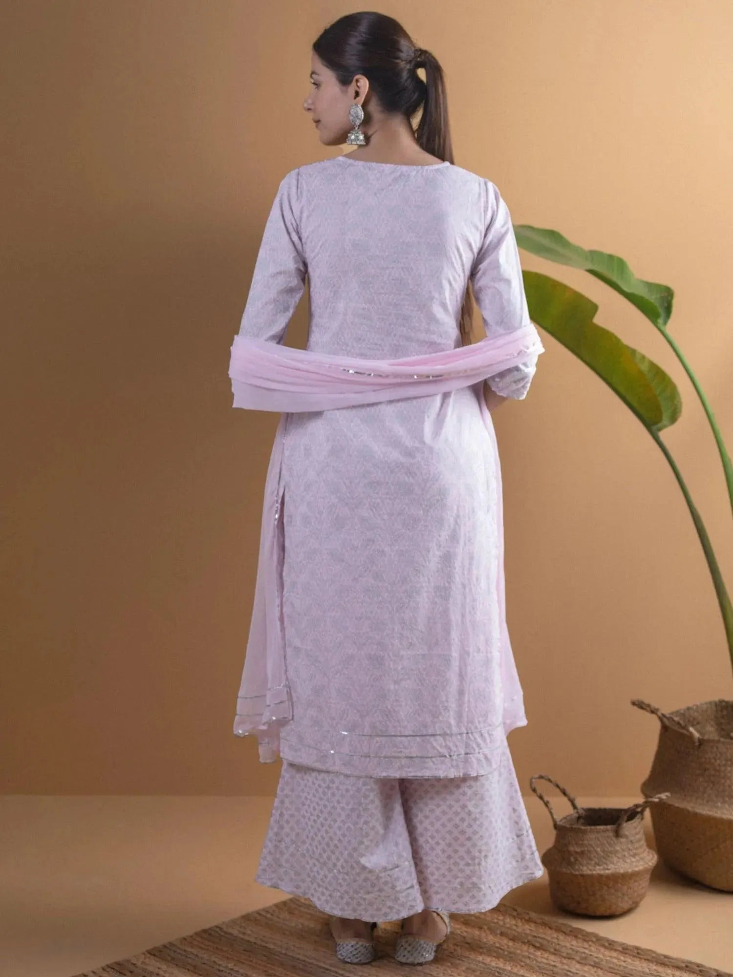 Pink Printed Viscose Rayon Straight Kurta With Palazzos & Dupatta