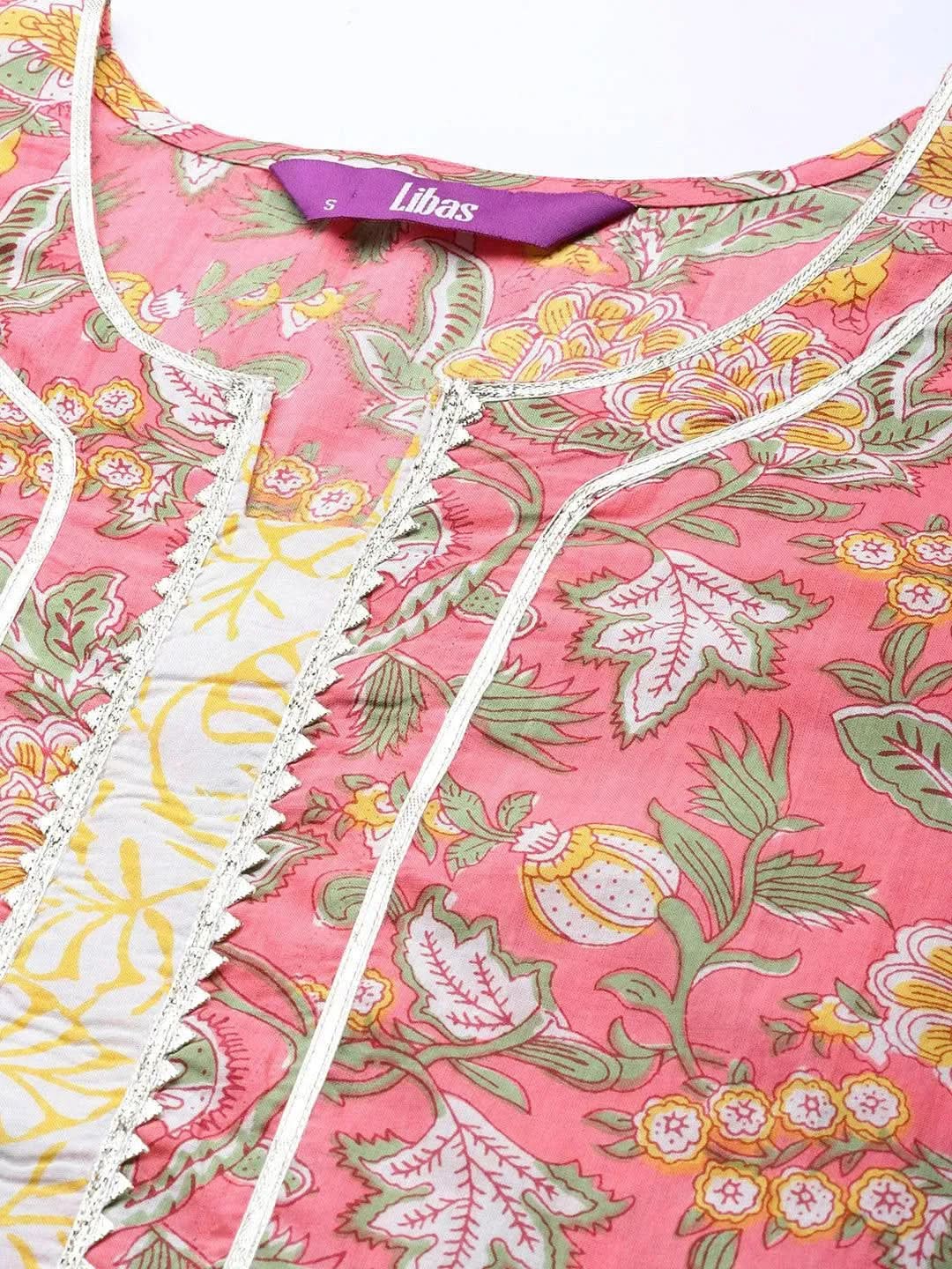 Pink Printed Cotton Straight Kurta With Palazzos & Dupatta