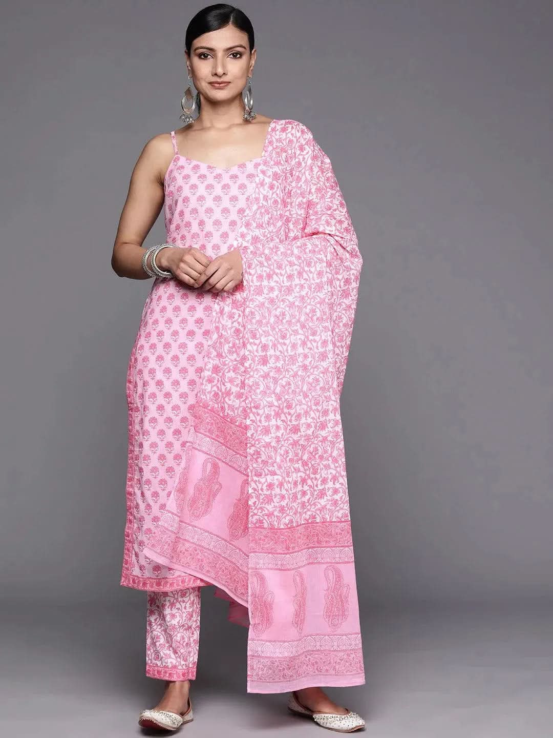 Pink Printed Cotton Straight Kurta With Trousers & Dupatta
