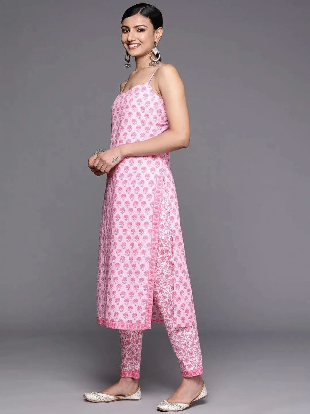 Pink Printed Cotton Straight Kurta With Trousers & Dupatta