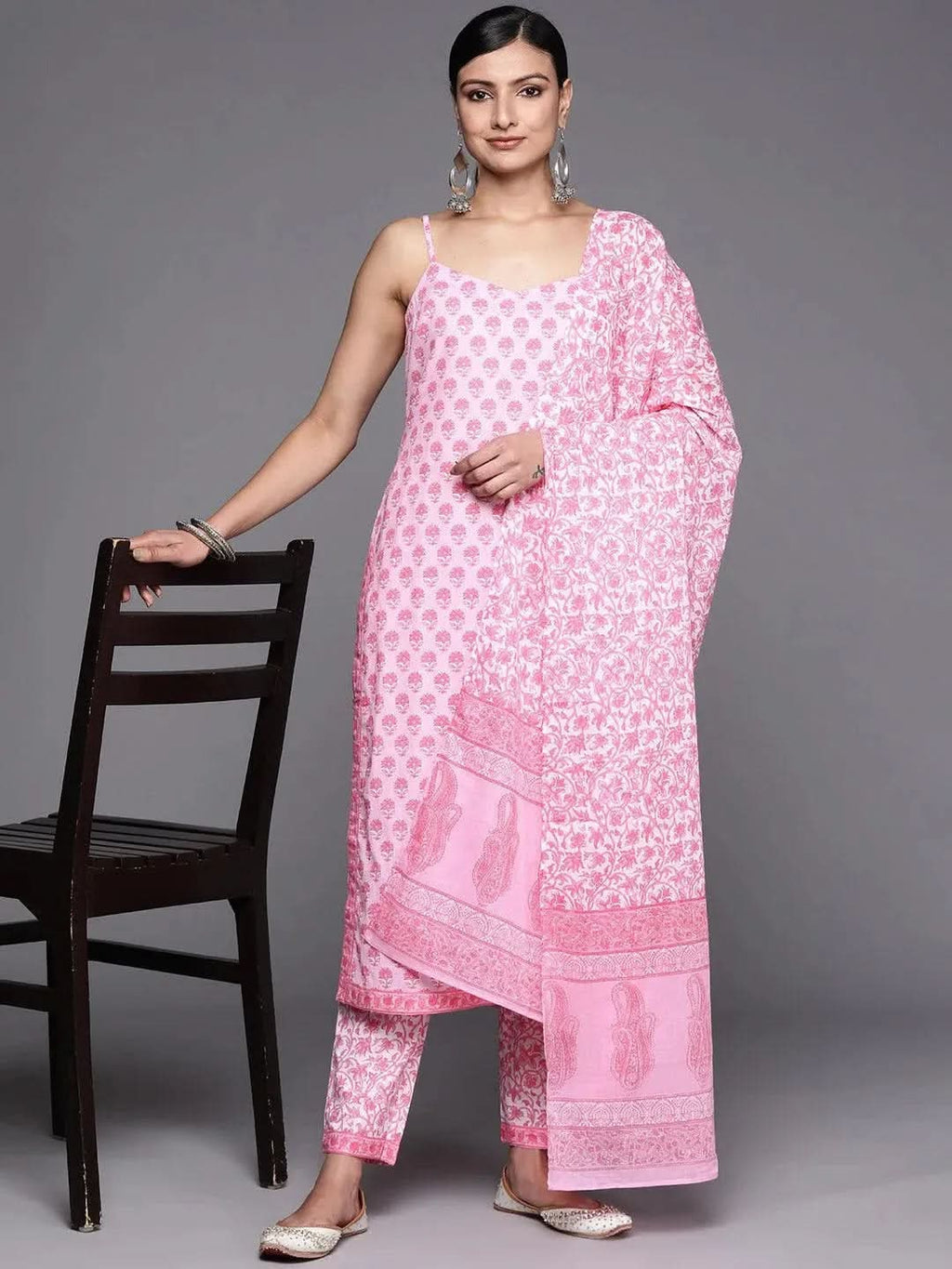Pink Printed Cotton Straight Kurta With Trousers & Dupatta
