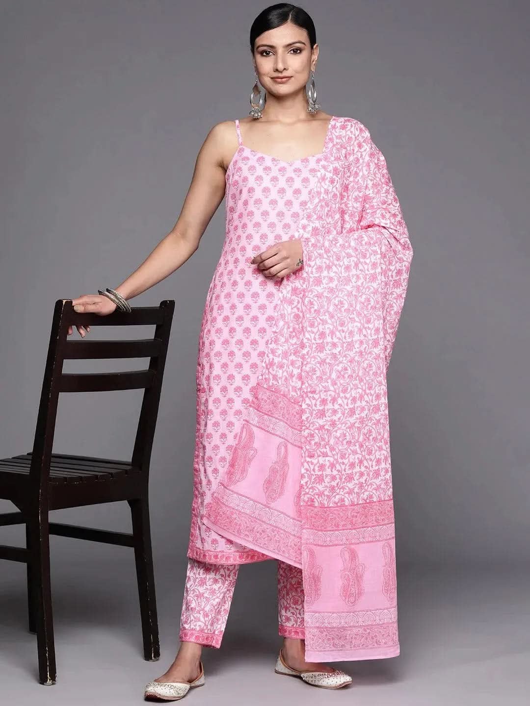 Pink Printed Cotton Straight Kurta With Trousers & Dupatta