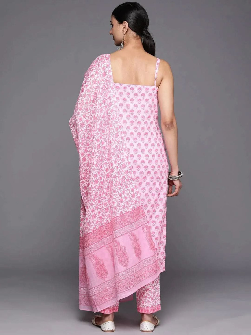 Pink Printed Cotton Straight Kurta With Trousers & Dupatta