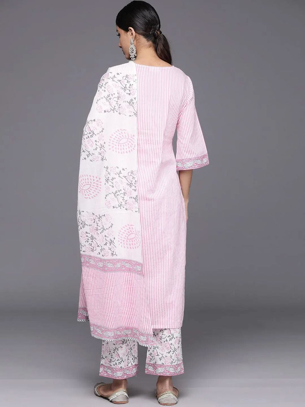 Pink Printed Cotton Straight Kurta With Trousers & Dupatta