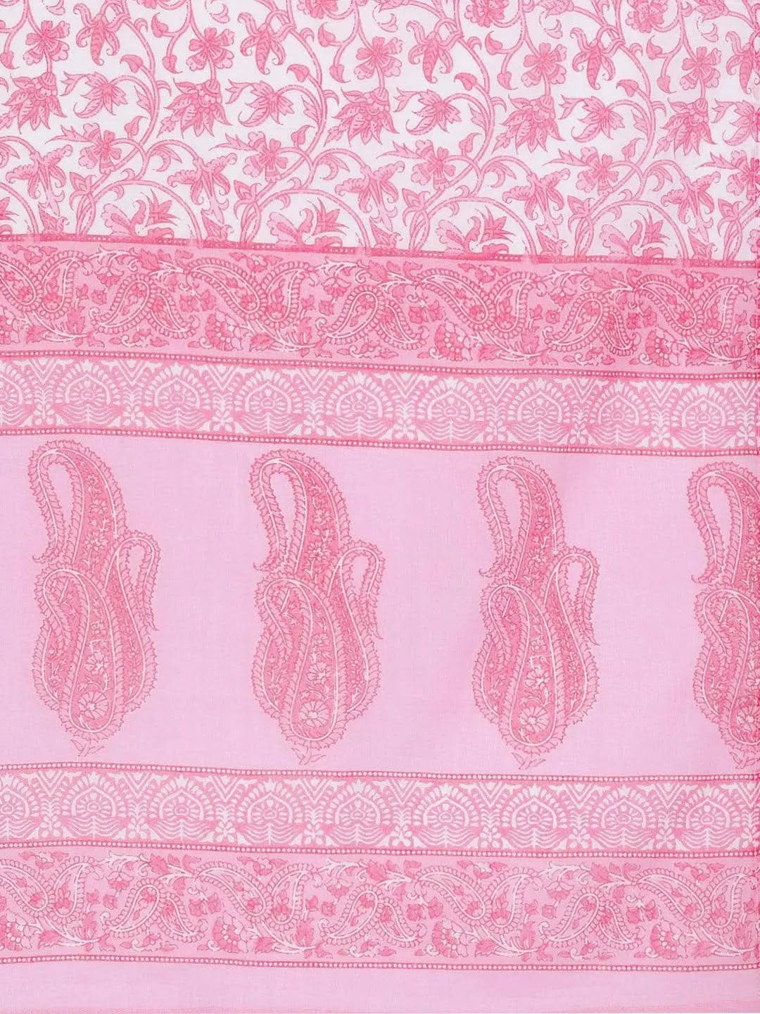 Pink Printed Cotton Straight Kurta With Trousers & Dupatta