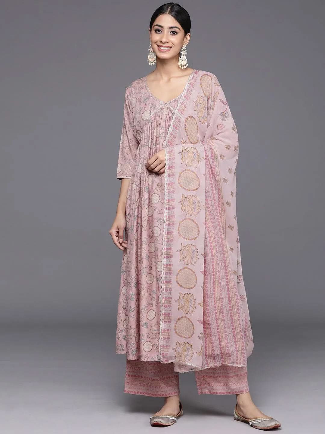 Pink Printed Silk Blend A-Line Kurta With Trousers & Dupatta
