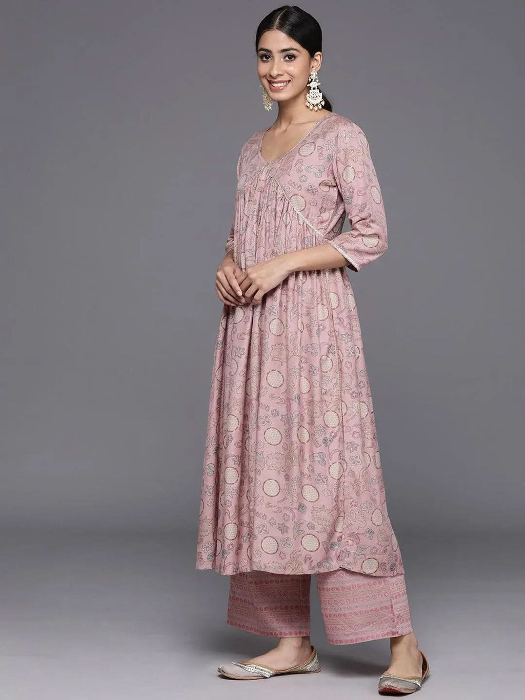 Pink Printed Silk Blend A-Line Kurta With Trousers & Dupatta