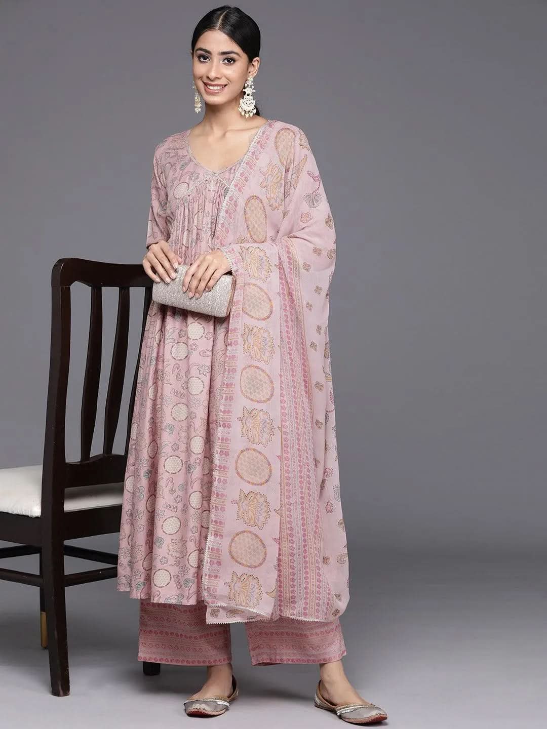 Pink Printed Silk Blend A-Line Kurta With Trousers & Dupatta