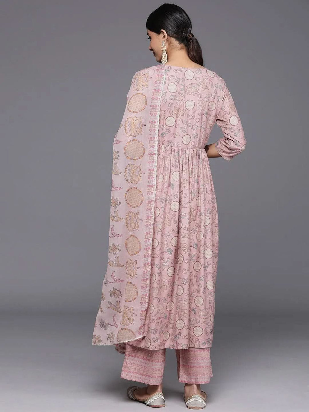 Pink Printed Silk Blend A-Line Kurta With Trousers & Dupatta