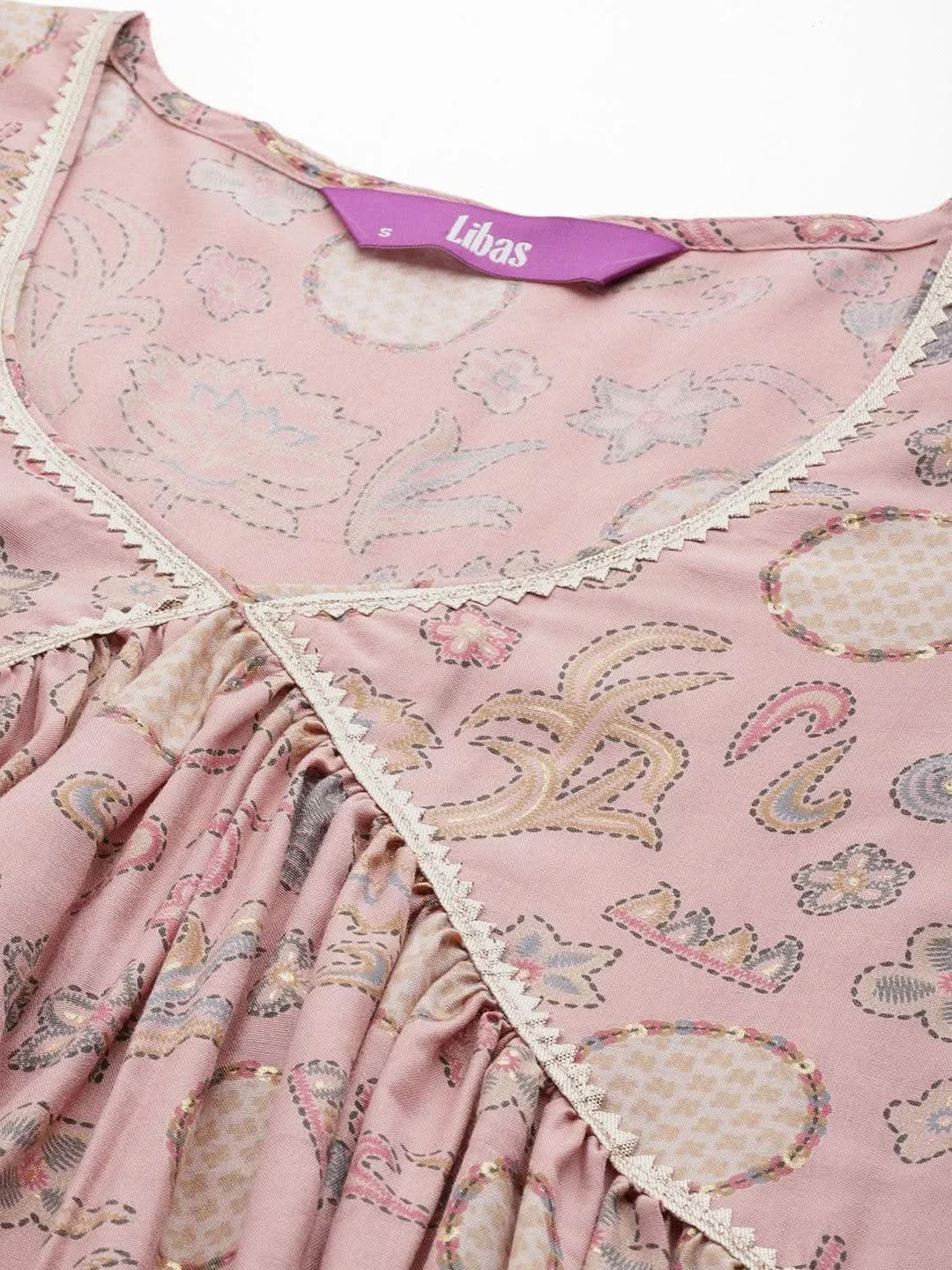 Pink Printed Silk Blend A-Line Kurta With Trousers & Dupatta