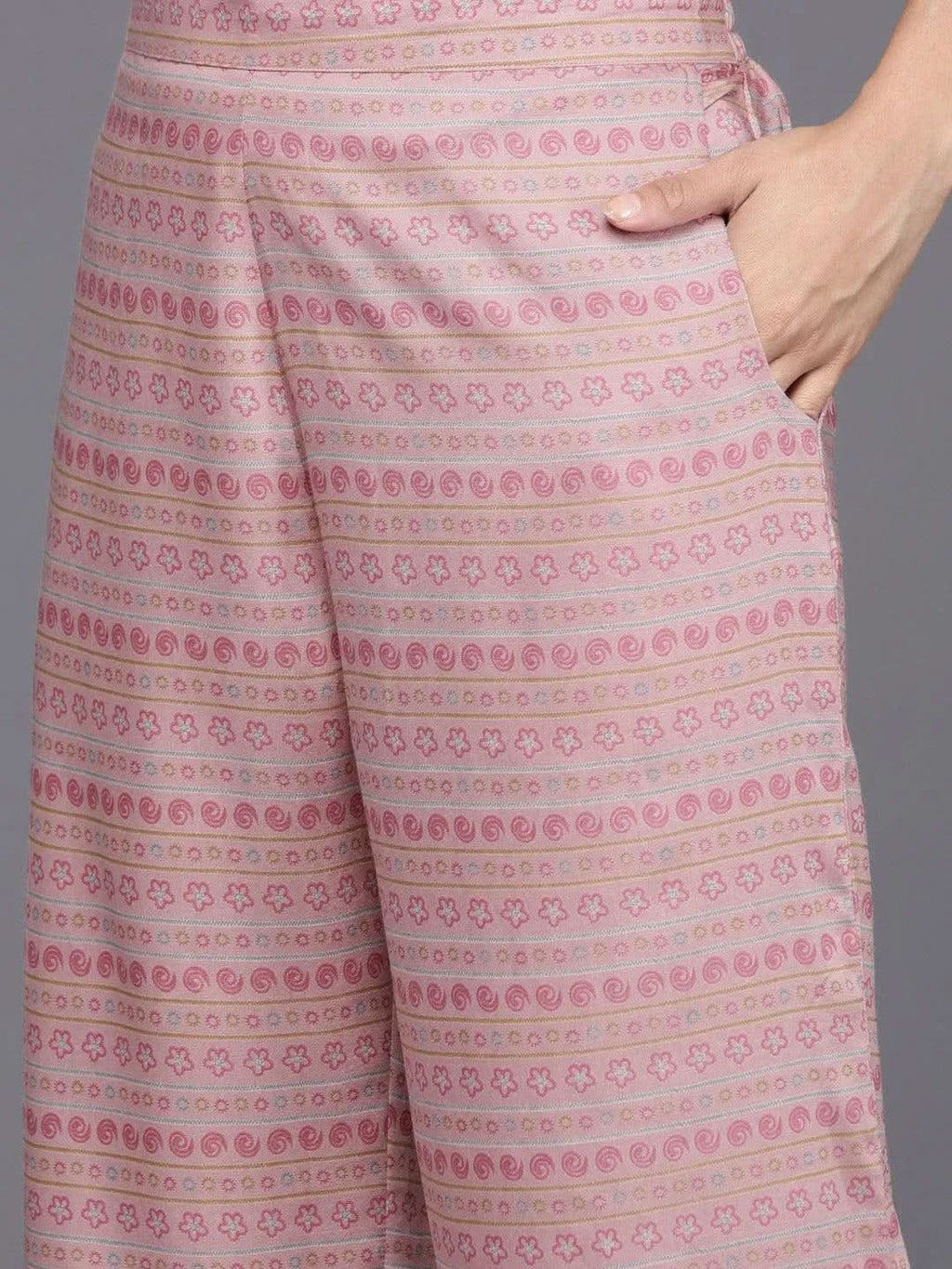 Pink Printed Silk Blend A-Line Kurta With Trousers & Dupatta