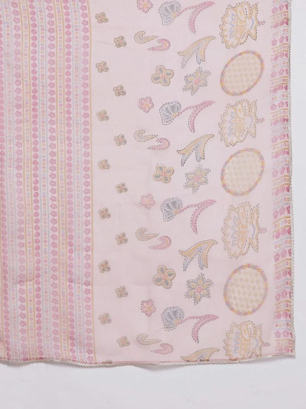 Pink Printed Silk Blend A-Line Kurta With Trousers & Dupatta