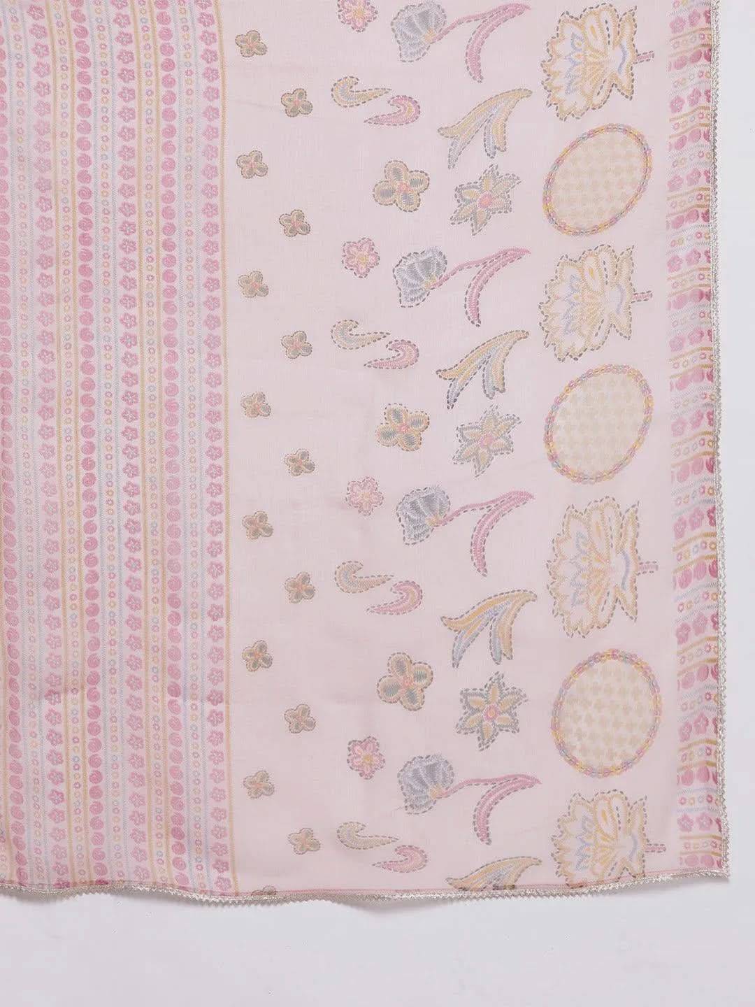 Pink Printed Silk Blend A-Line Kurta With Trousers & Dupatta