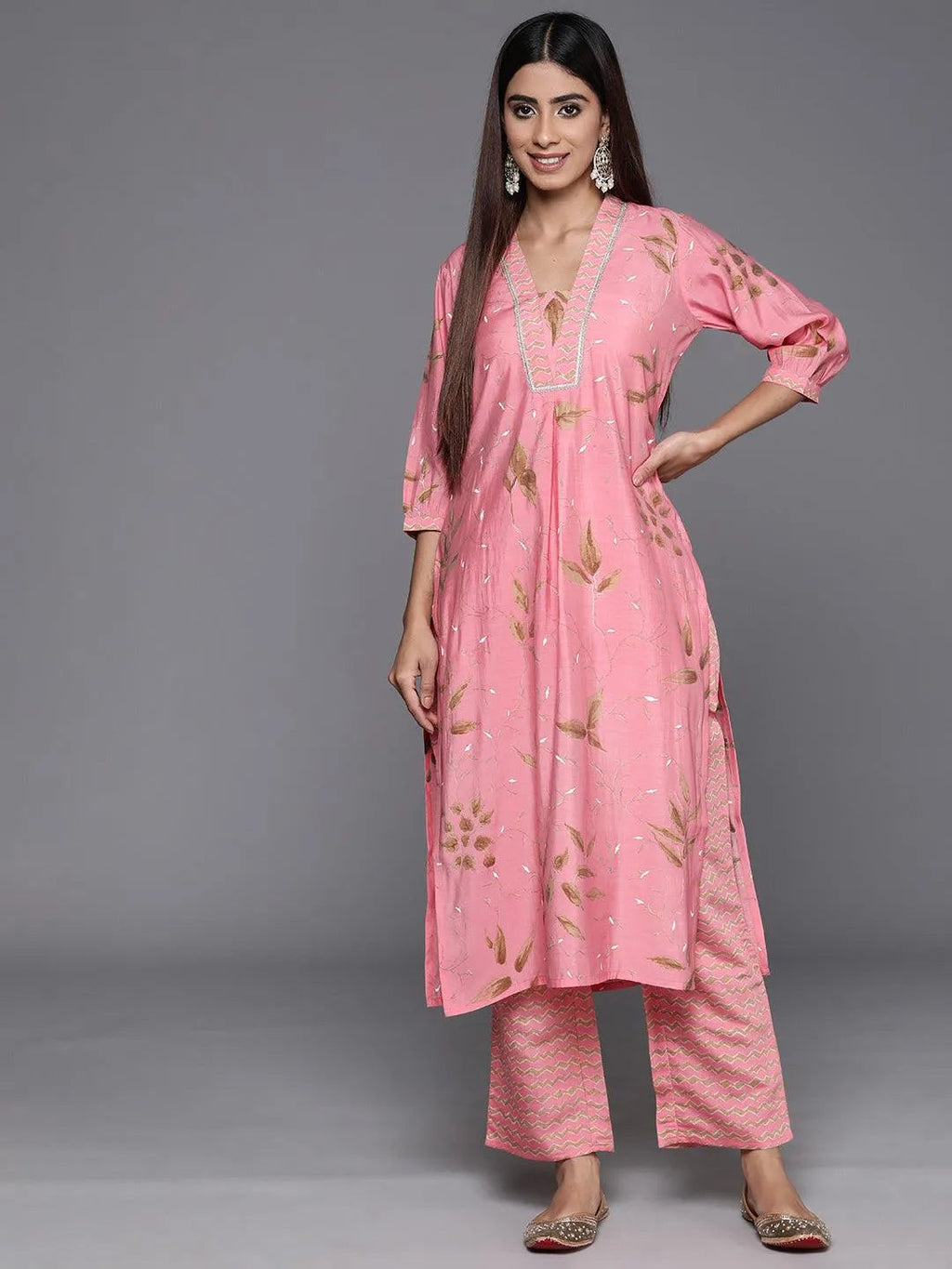 Pink Printed Silk Blend Straight Kurta Set