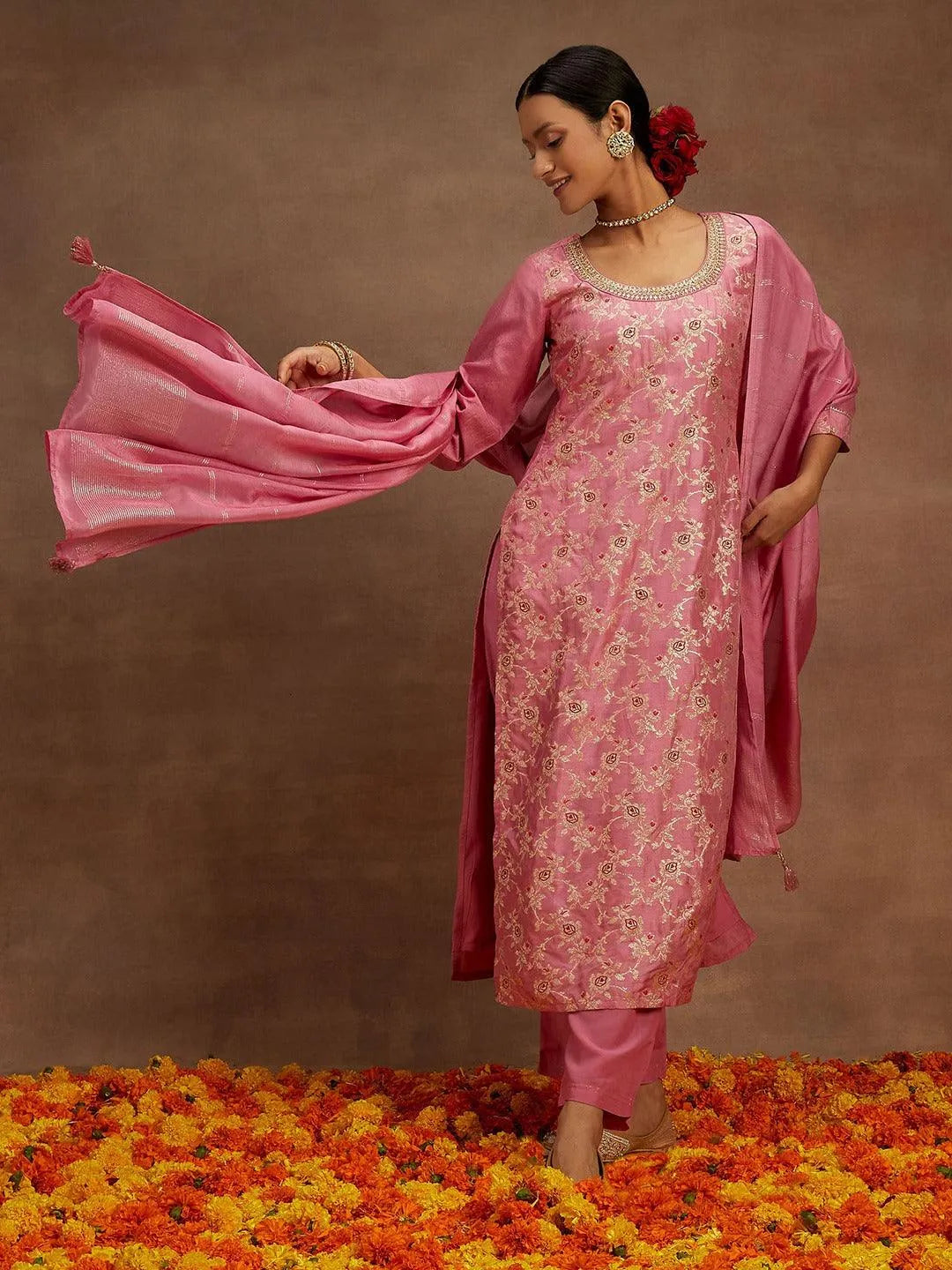 Pink Woven Design Silk Blend Straight Suit With Dupatta