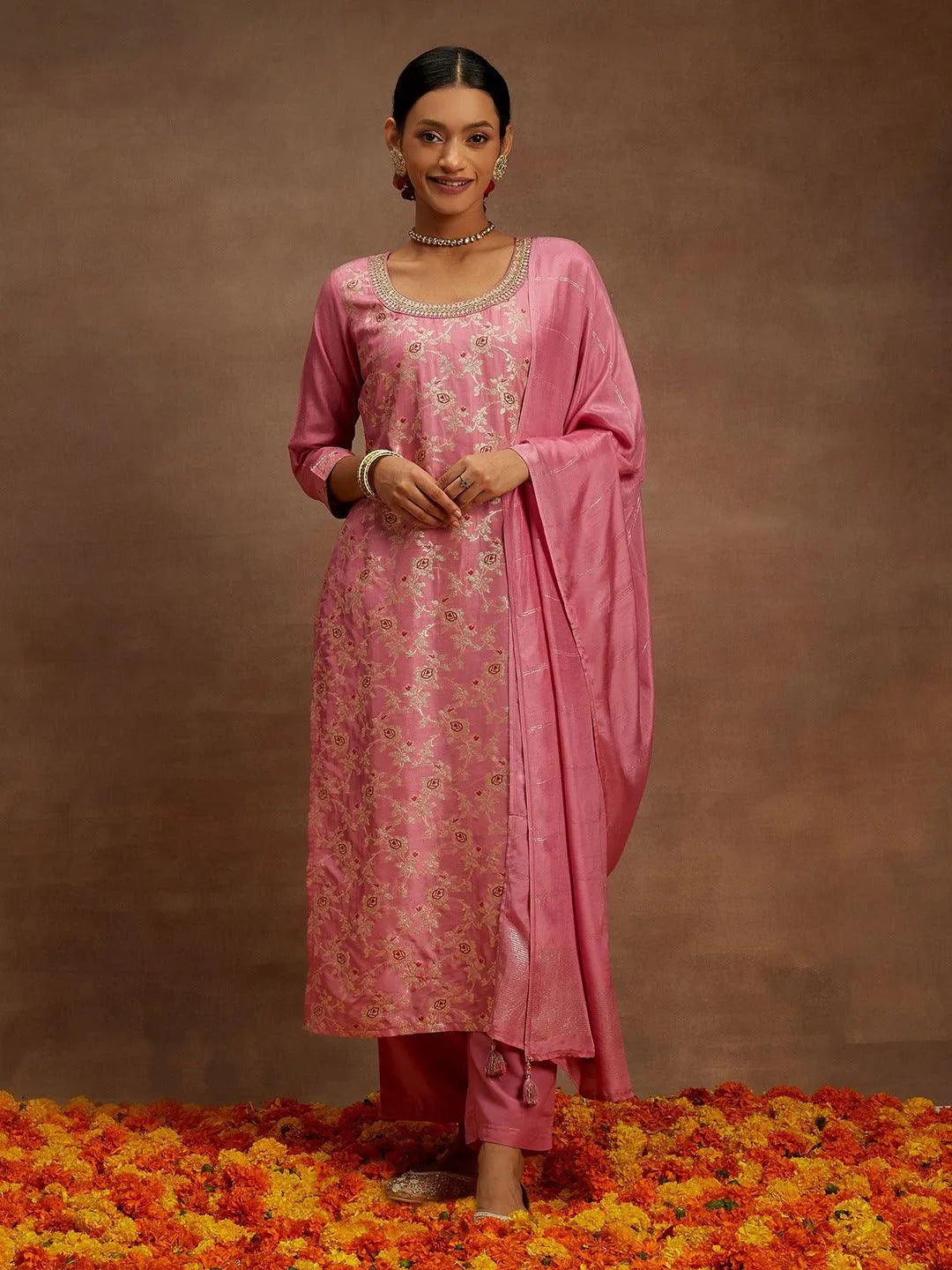 Pink Woven Design Silk Blend Straight Suit With Dupatta