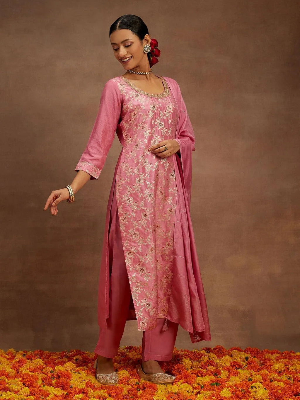 Pink Woven Design Silk Blend Straight Suit With Dupatta