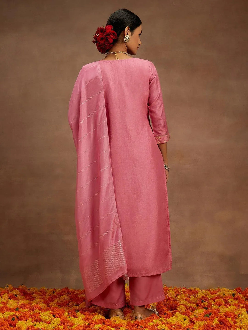 Pink Woven Design Silk Blend Straight Suit With Dupatta