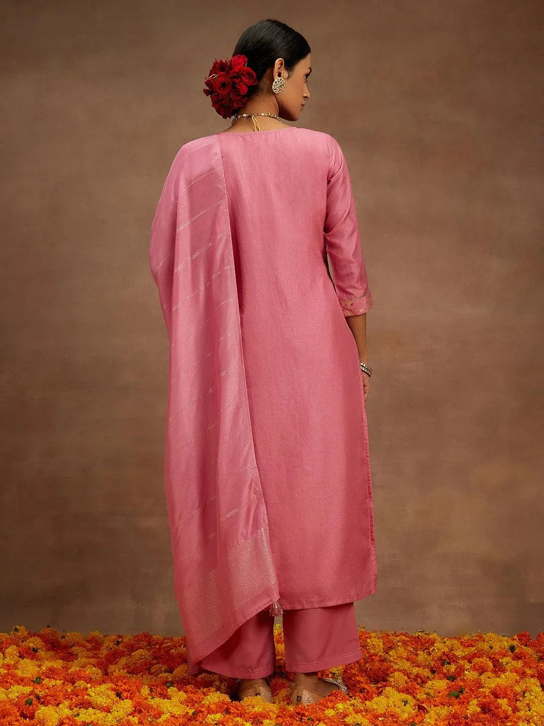Pink Woven Design Silk Blend Straight Suit With Dupatta
