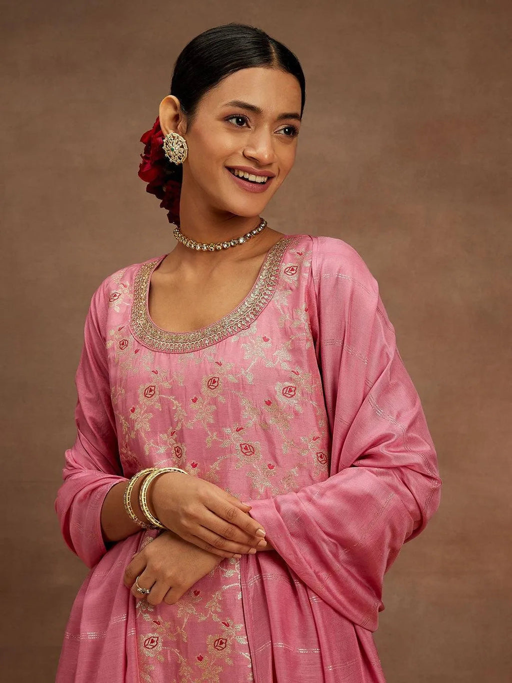 Pink Woven Design Silk Blend Straight Suit With Dupatta