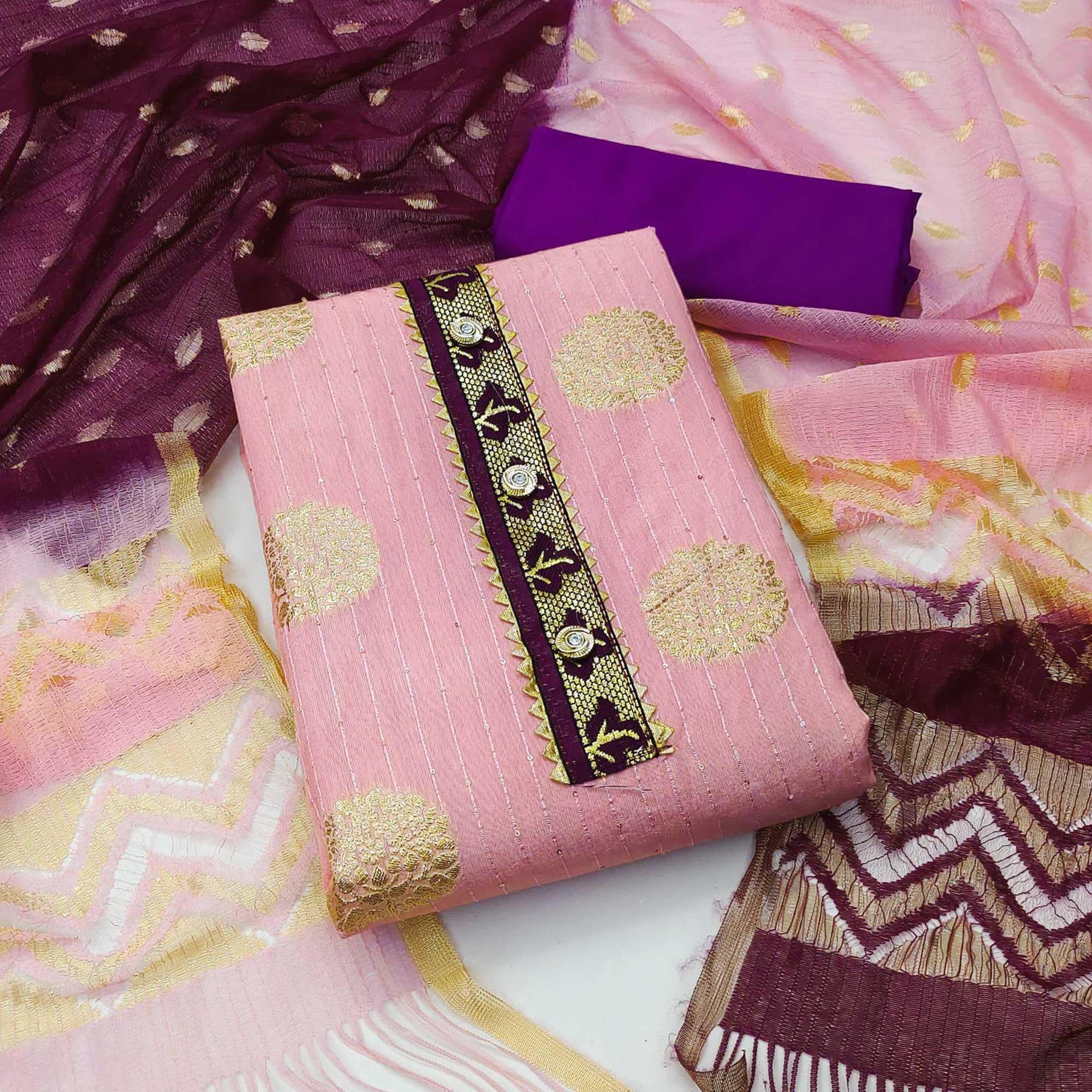 Pink Woven Jacquard Dress Material