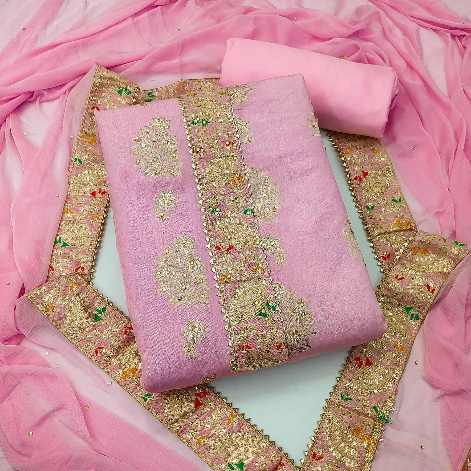 Pink Woven With Embroidered Jacquard Dress Material