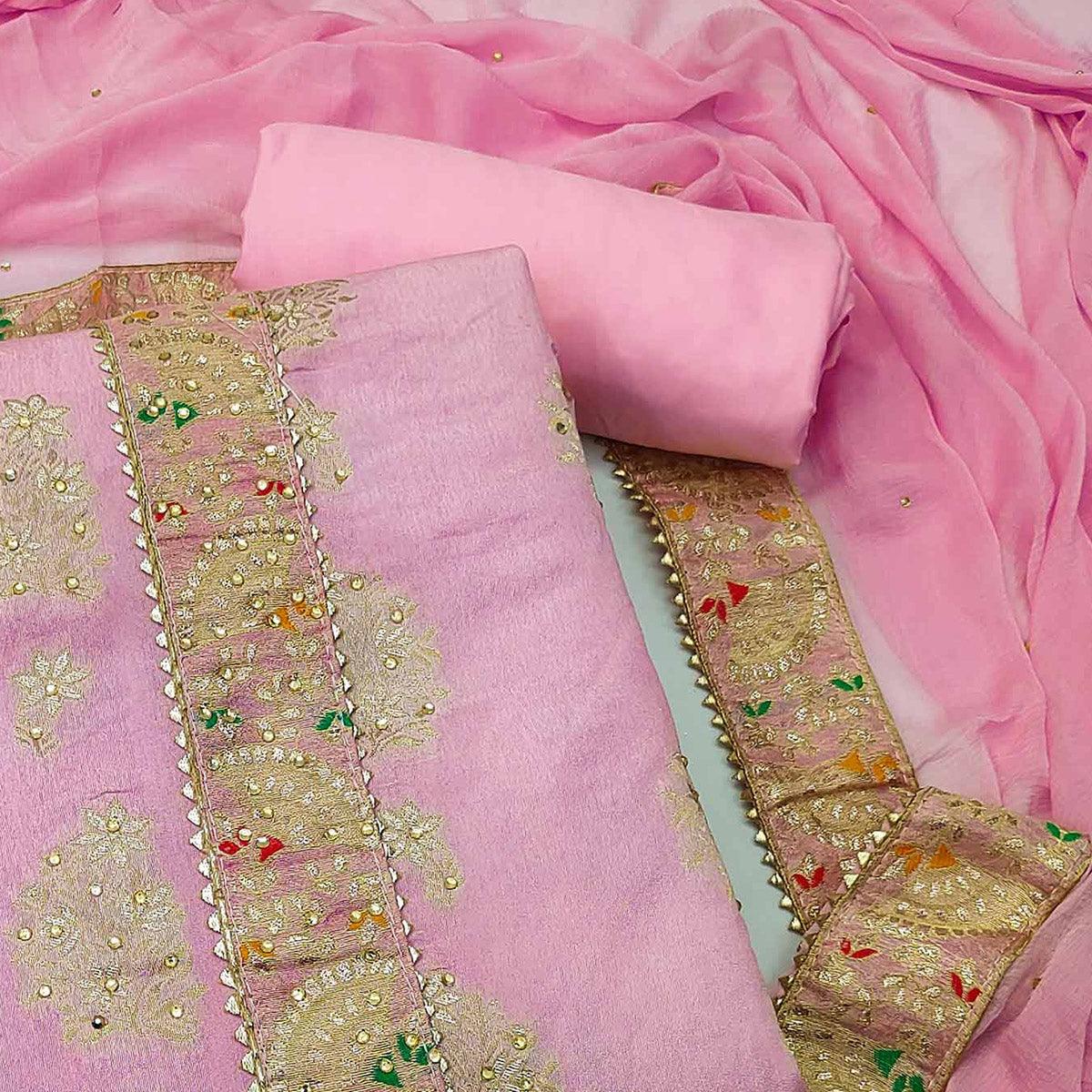 Pink Woven With Embroidered Jacquard Dress Material