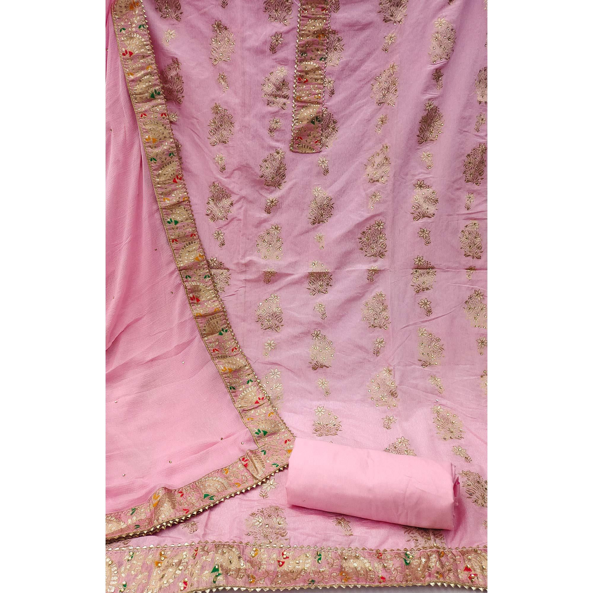 Pink Woven With Embroidered Jacquard Dress Material